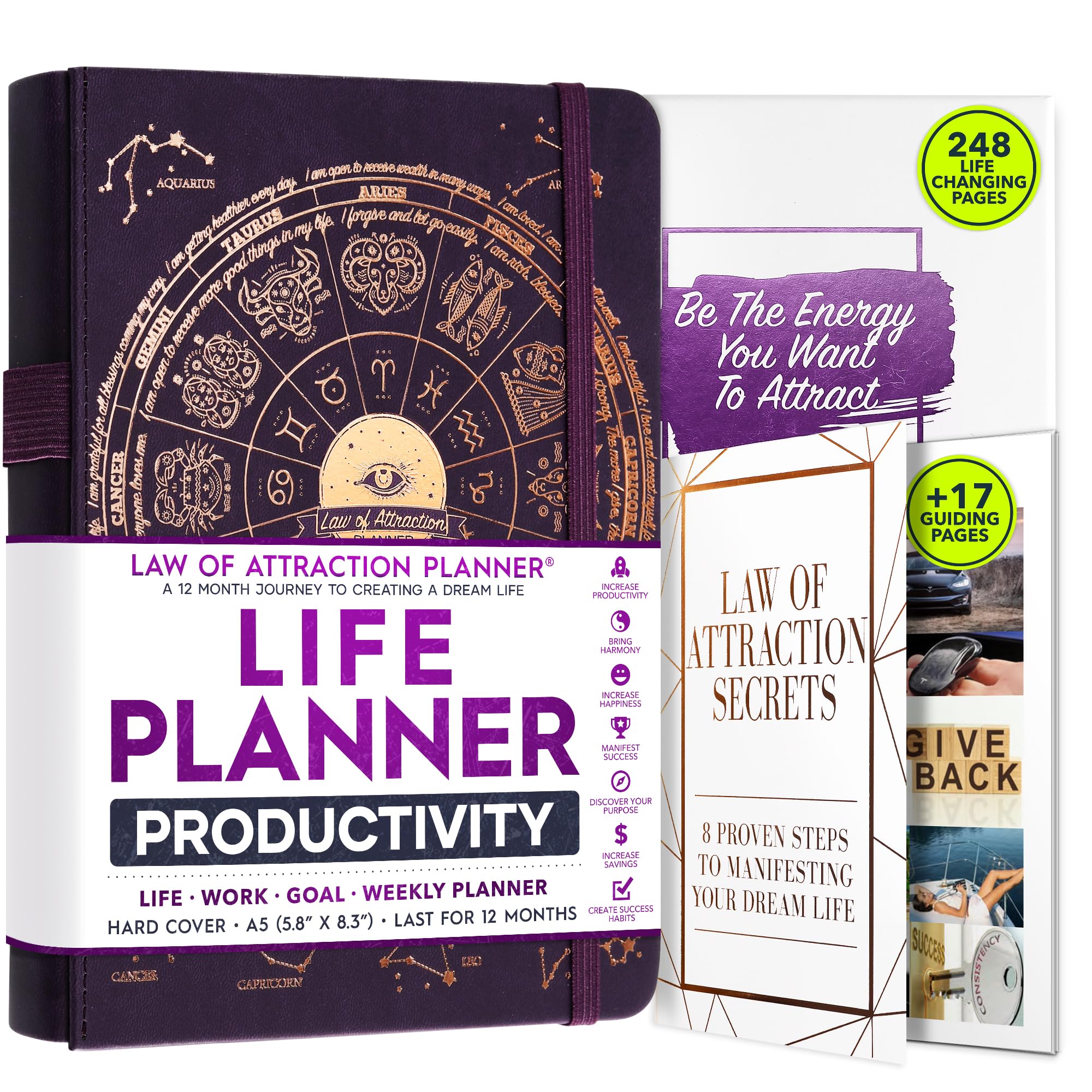 Law of Attraction Life & Goal Planner Lebensplaner - Undatierte Deluxe-Wochen- und Monatsplaner, eine 12-monatige Reise zur Steigerung von Produktivität und Glück, Lebensorganisator