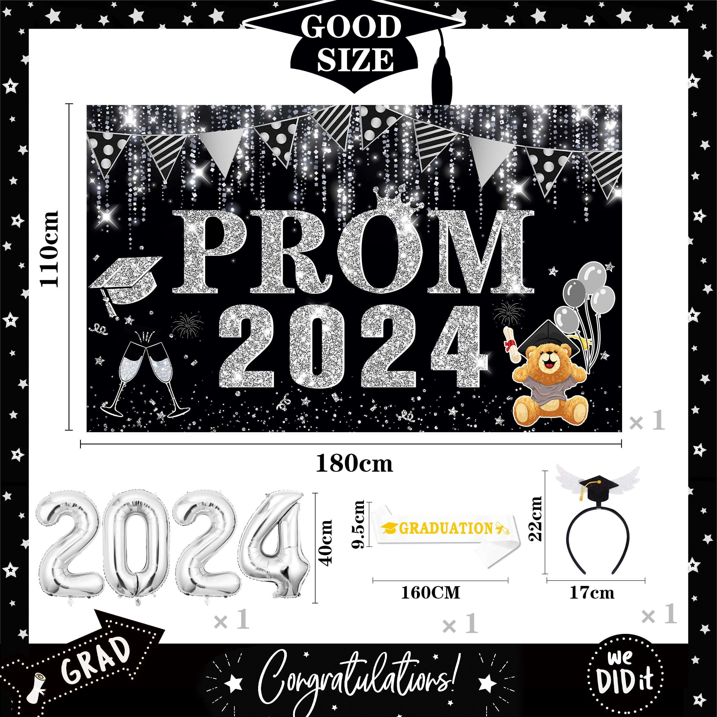 Abitoncc 4 PCS Prom Banner 2025 Silver Prom Night Decorations 2025 Backdrop Silver 2025 Foil Balloons for High School College Class of 2025 - Image 2