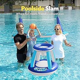 JOYIN Inflatable Volleyball Net & Basketball Hoops Pool Float Set; Balls Included for Kids/Adults, Summing Pool Game, Floating, Summer Floaties, Volleyball Court |Basketball,L-Dark Blue