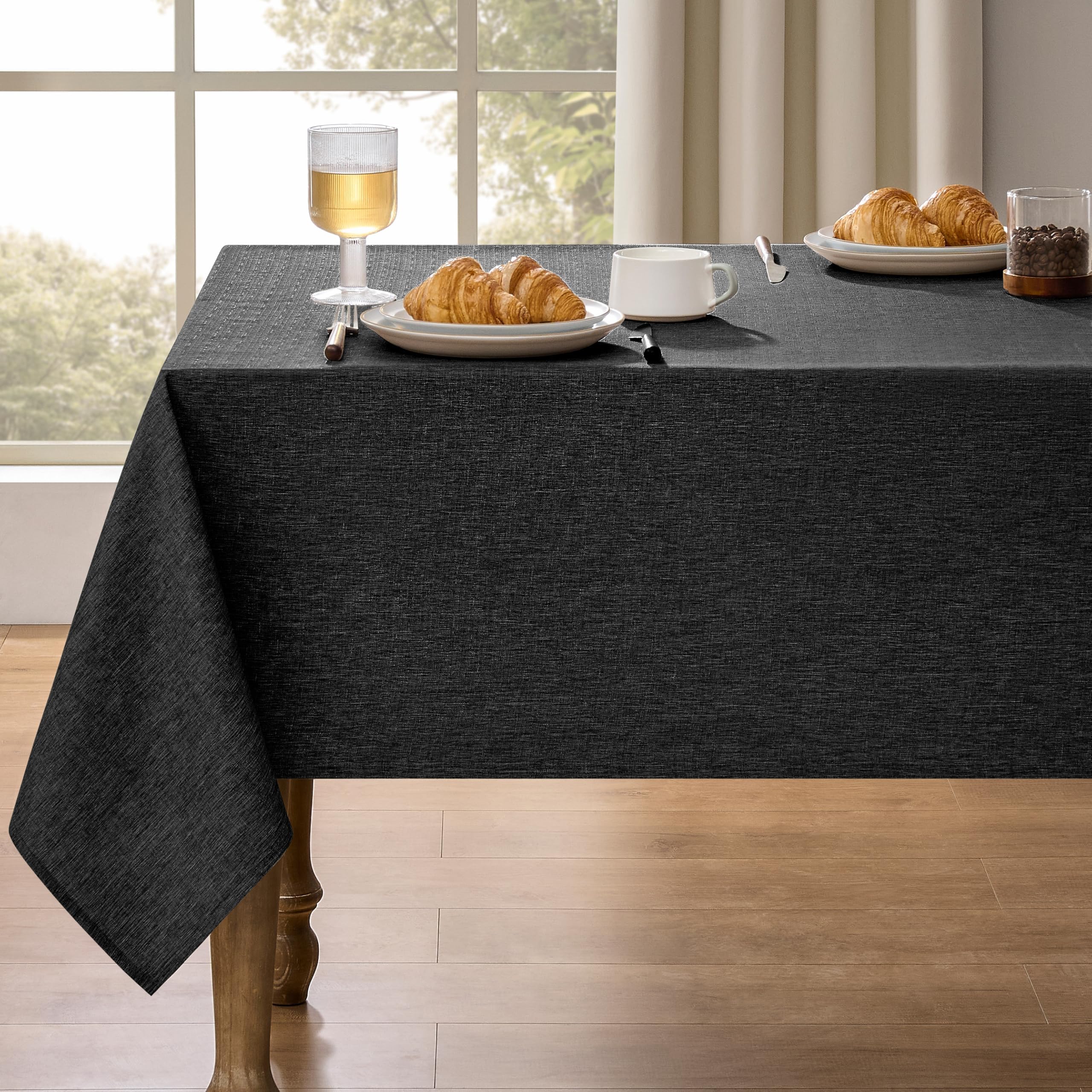 Decorelia Dirty-Repel Linen Party Rectangle Tablecloth, Wipeable Anti-Scratches Table Cloth Waterproof Table Cover for 6 Foot Table, Dining Coffee Table (Oblong, 60 x 84 Inch (6-8 Seats), Black)