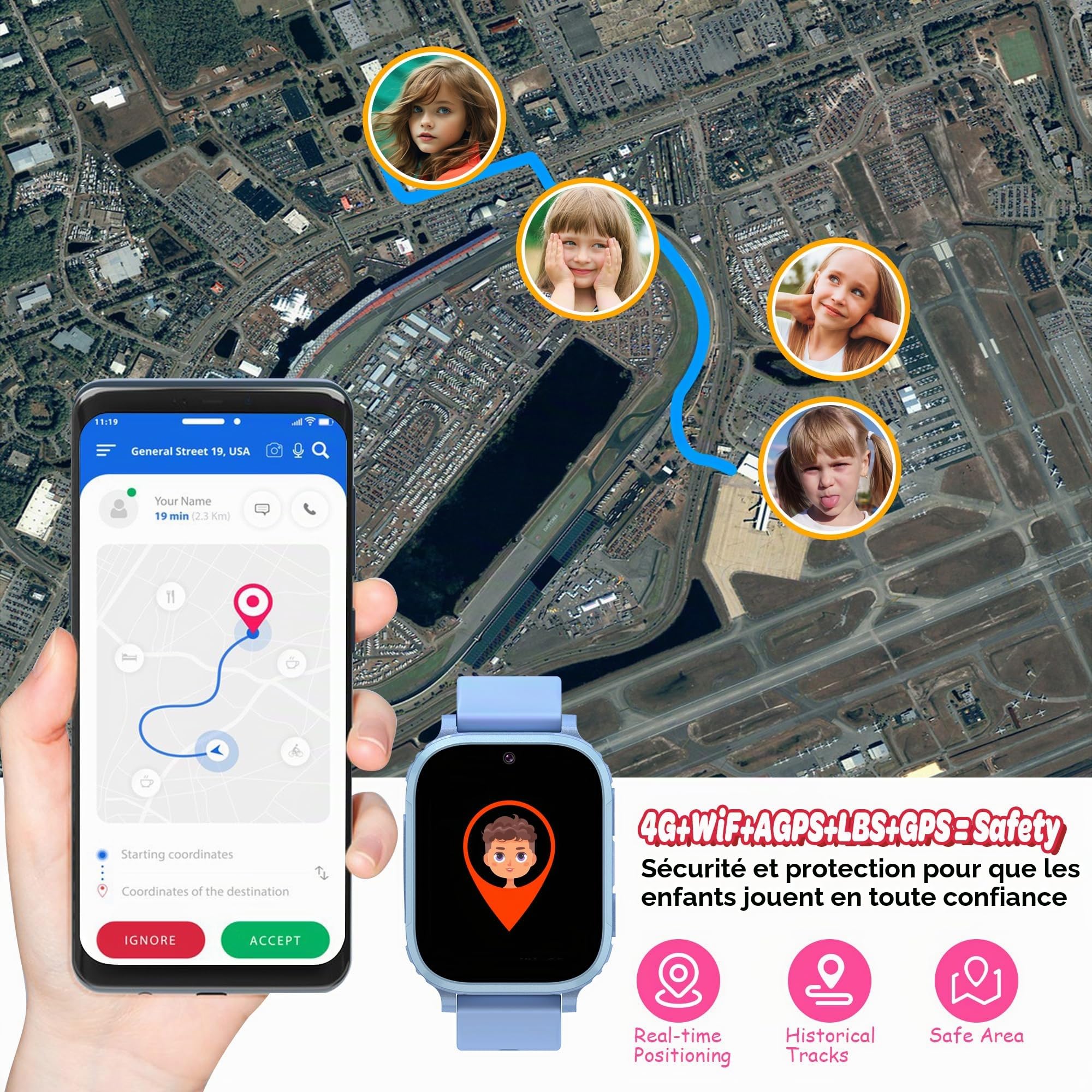 4G Montre Connectée Enfant avec GPS, Montre GPS Enfant Tracker avec Appel Vidéo Téléphone Chat Vocal SOS Réveil Appareil IP68 Mode Classe Jeux, Smartwatch Cadeau pour Filles et Garçons