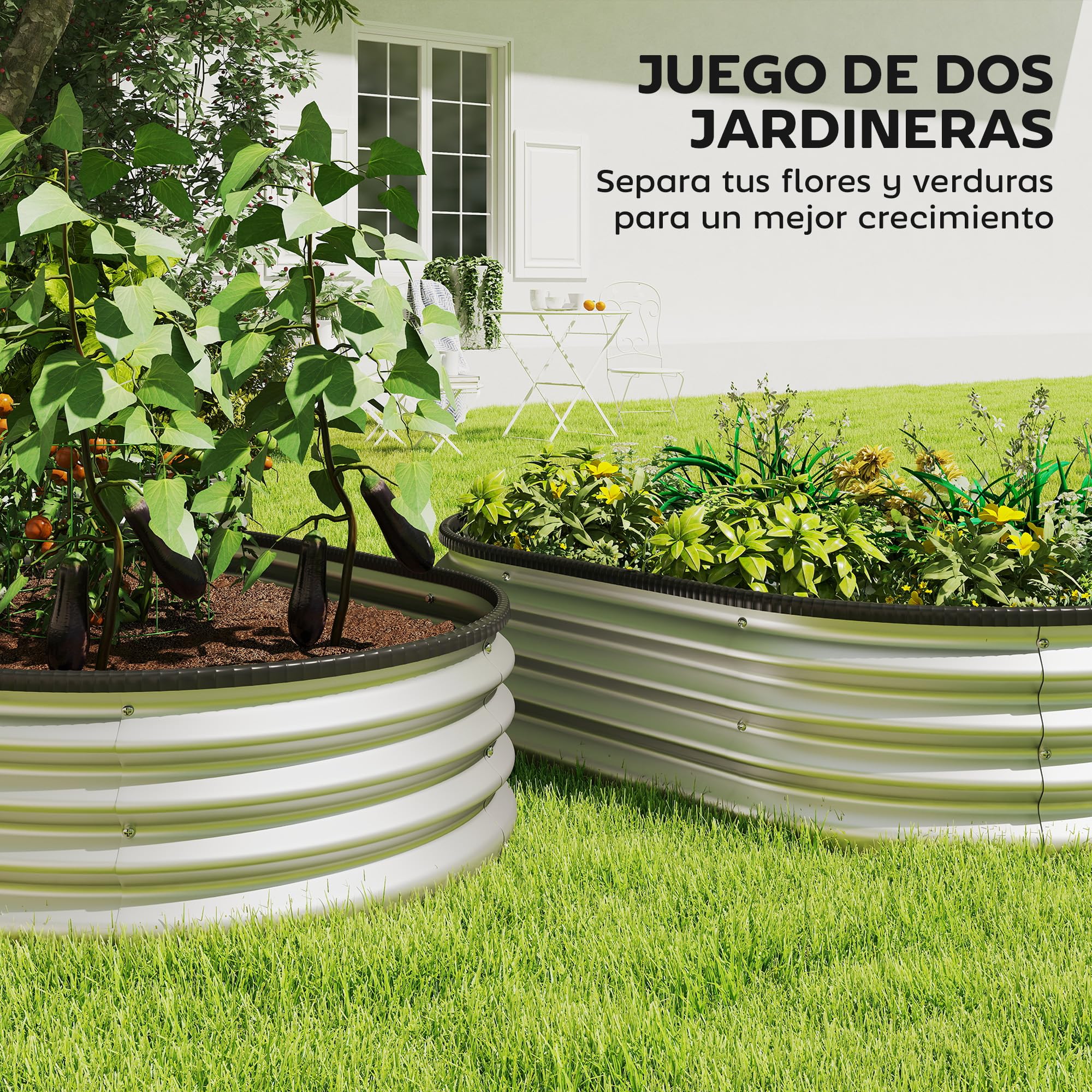 Outsunny Juego de 2 Jardineras Exterior Grandes de Acero Galvanizado | Huertos Urbanos, Maceteros Exterior Modular con Base Abierta para Plantas, Resistente Intemperie, 135x90x30 cm, Plateado