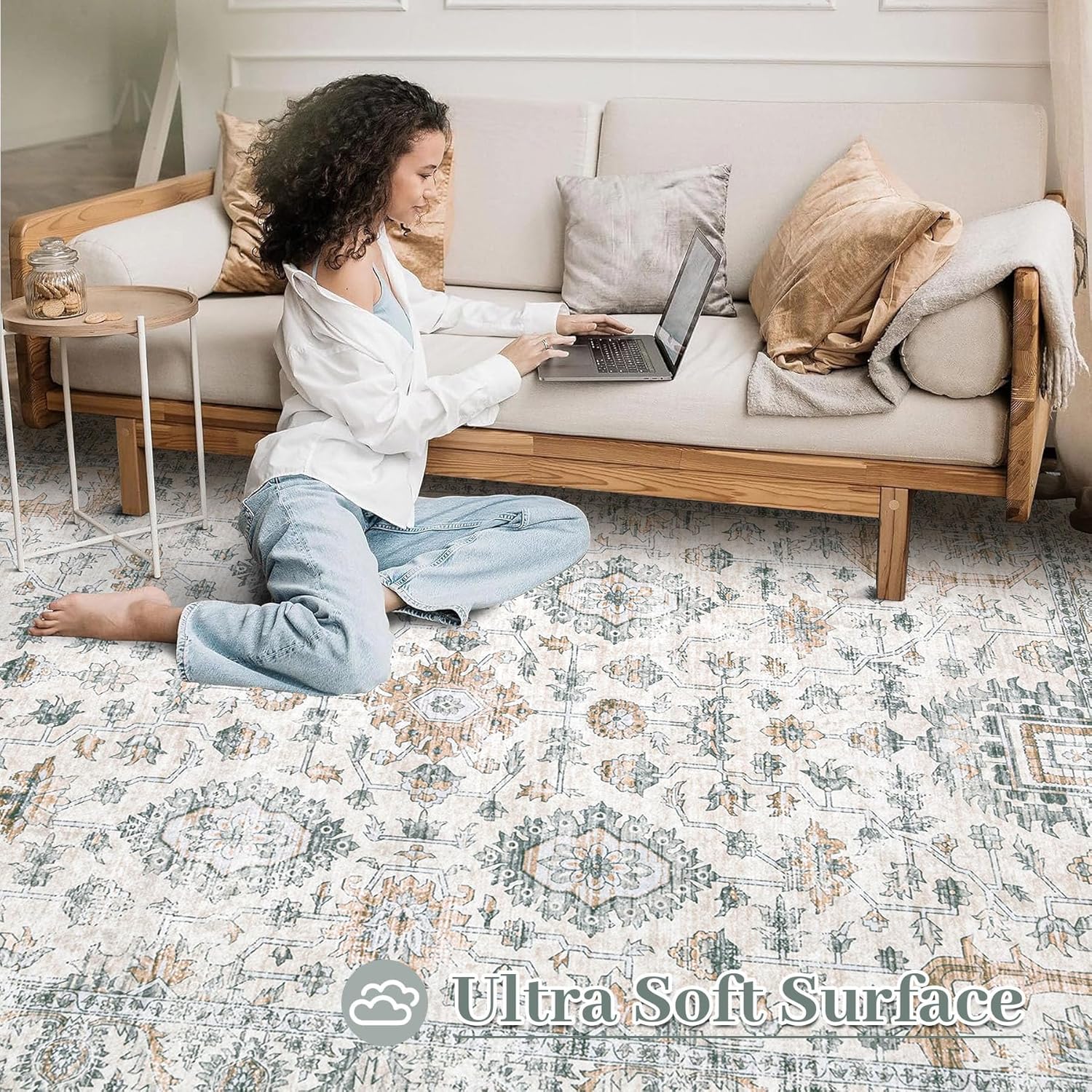 XLUEZ Area Rug 5x7 Living Room Rug, Machine Washable Vintage Distressed Boho Area Rug Non-Slip Soft Low Pile Large Indoor Rugs for Bedroom Kitchen Dining Room Office(Brown Green,5'x7') thumbnail