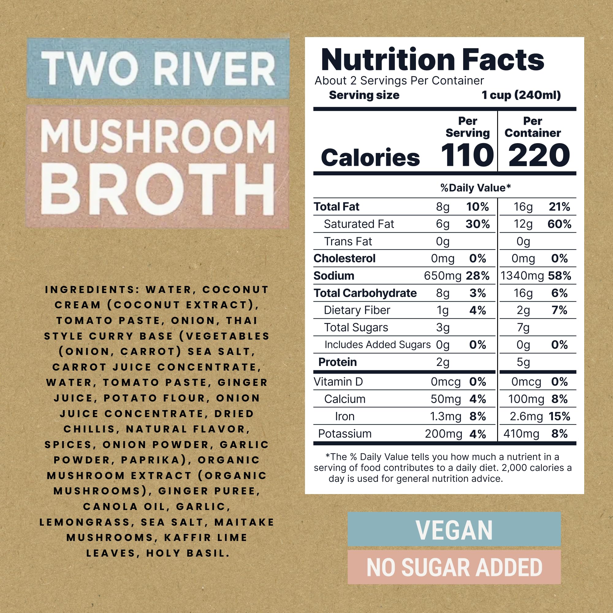 Two River Maitake Mushroom Broth | Organic Vegan Bone Broth Alternative, Creamy Coconut Curry Sipping Drink for Soup & Curries | Plant Based Gluten Free Meal, Ready to Sip – 17.6 fl oz (Pack of 4)