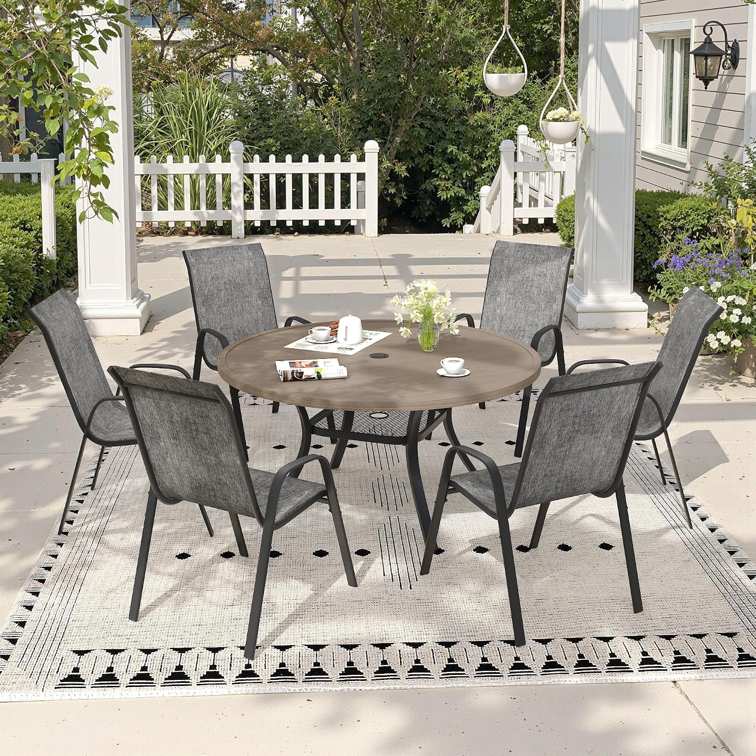 11 Pieces Outdoor Dining Set, 63.1" Spliced Patio Table with Umbrella Hole & Stackable Outdoor Dining Chairs, Patio Furniture Set for Deck Garden Porch, Grey Chairs & Dark Grey Table