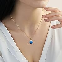 Vista 3 de 14K Gold Blue Opal Necklace - 14K Solid Yellow Gold Dainty Pendant with October Birthstone, Simple 12mm Large Size Round Opal Gemstone - Delicate