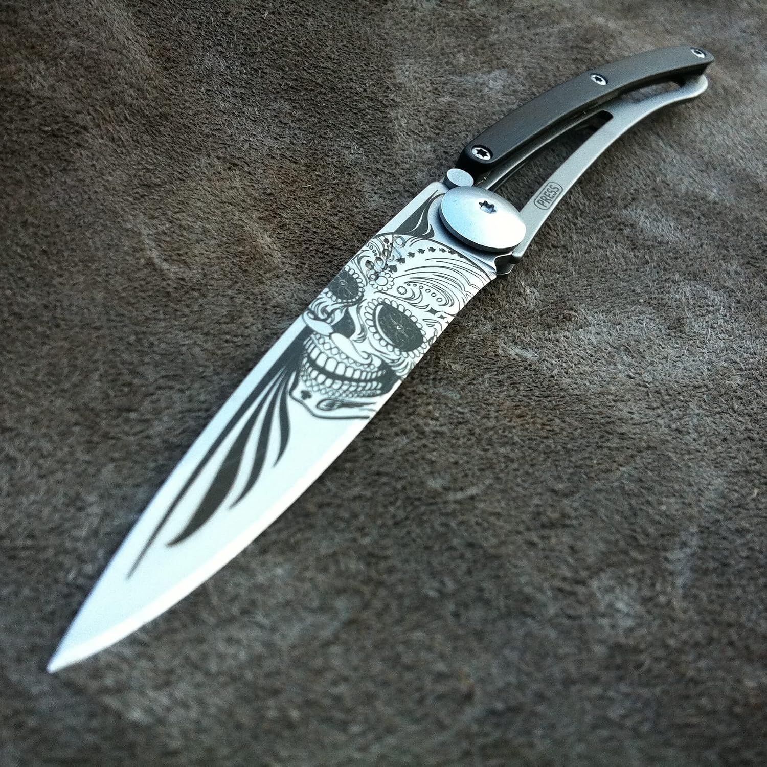 deejo - 37G Folding Pocket Knife with Belt Clip - Latino Skull Design, 3.7-Inch Stainless Steel Blade, Ebony Wood Handle - Lightweight Everyday Carry for Home, Work, and Outdoor Use