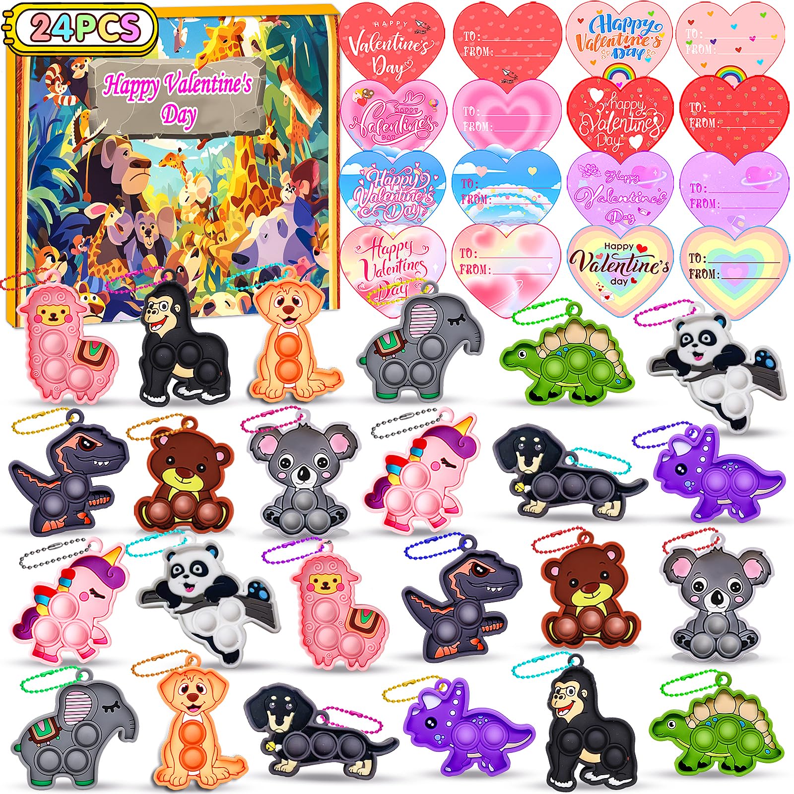 Kiss Monkey Valentines Day Gifts for Kids,24 PCS Animal Pop Fidget Toys with Valentines Day Cards,Valentine Exchange Gifts for Kids,Valentines Classroom Gifts