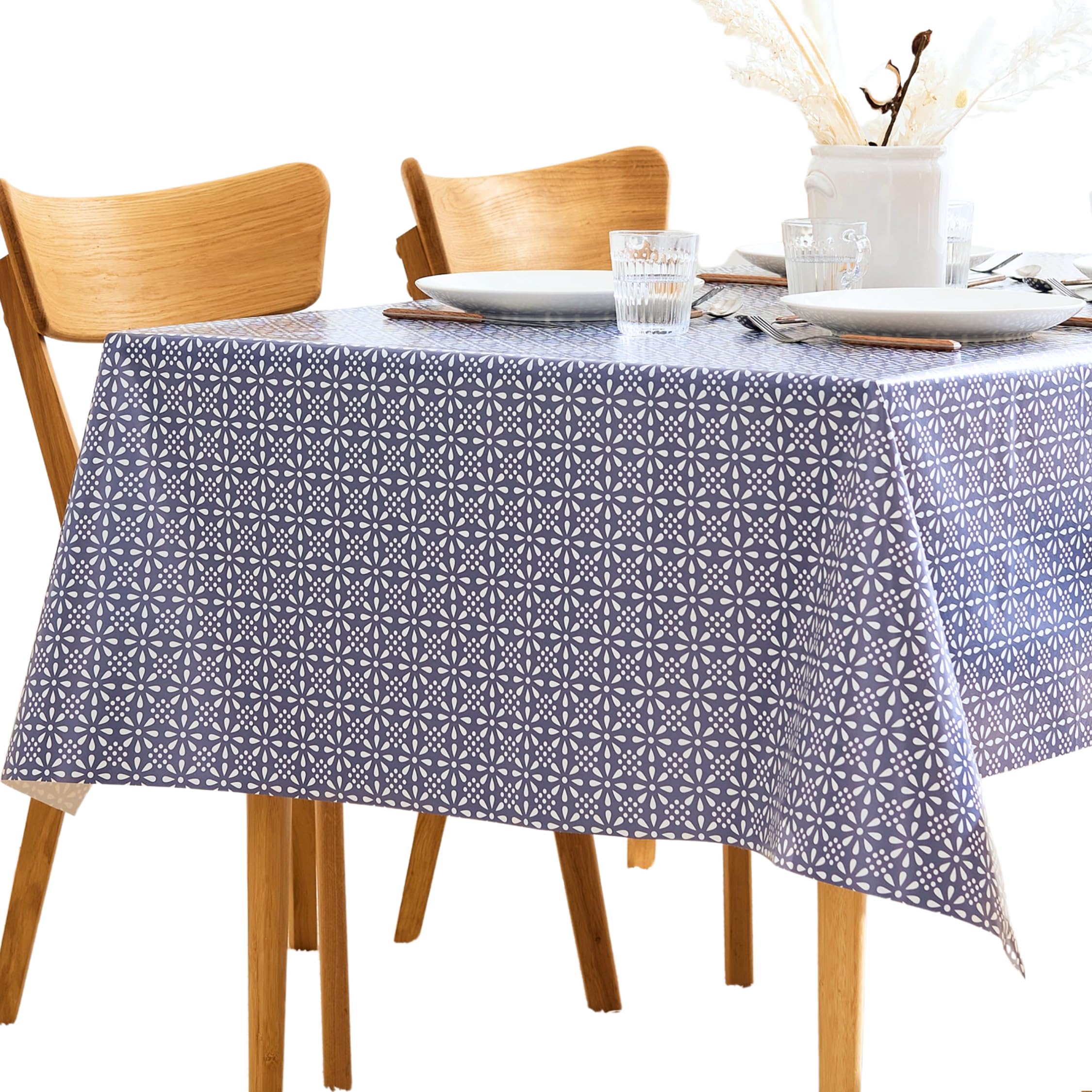 KP HOME PVC Table Cloth Wipe Clean Rectangular 200x140 cm | 78x55 In - Wipeable Tablecloth up to 6 Seats - Waterproof Plastic Table Cover Vinyl Oilcloth With White Geometric Flowers On Navy Blue