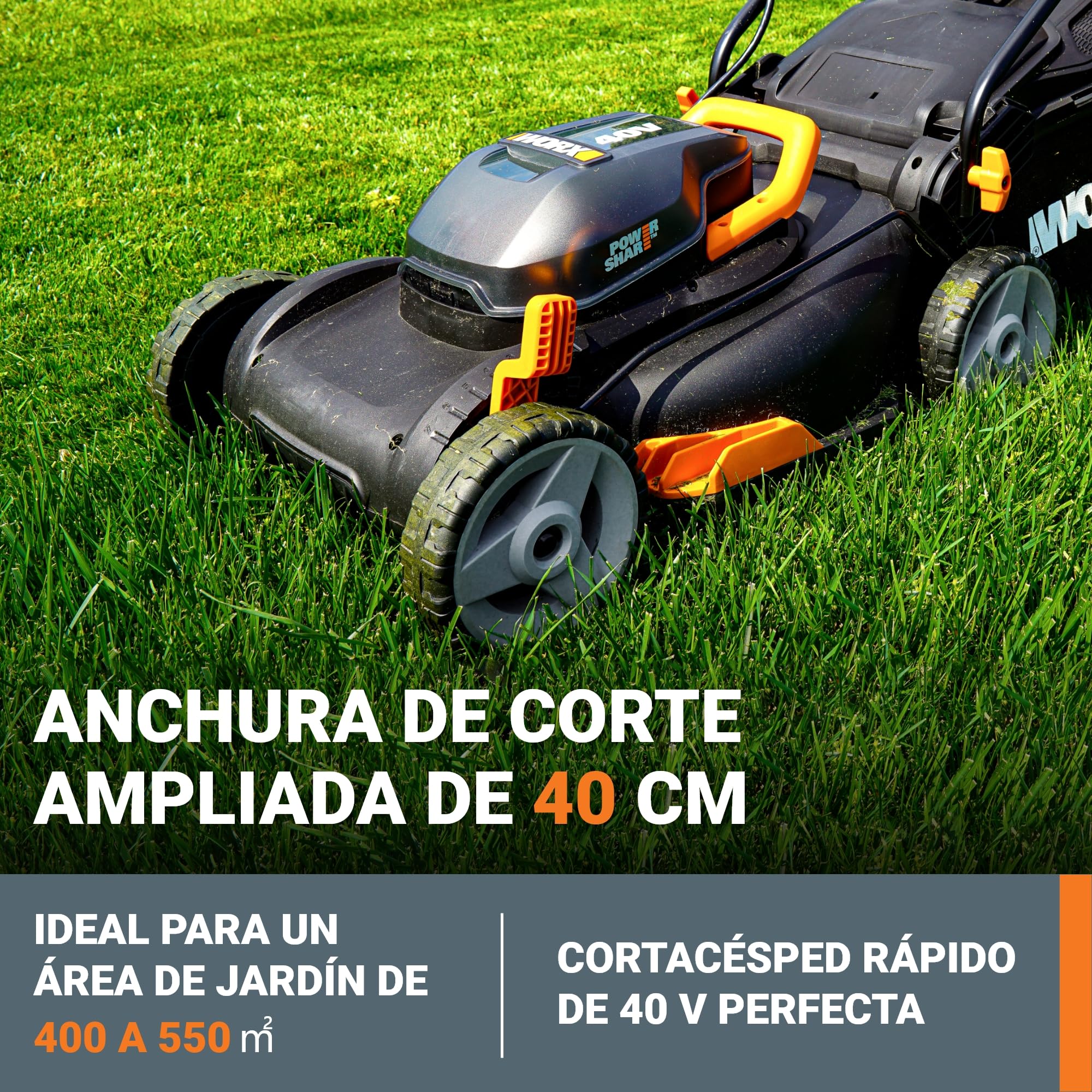 Cortacésped eléctrico sin Cable Worx 40cm, WG734E, Batería PowerShare Pro de 40V con 2pcs de 4,0 Ah