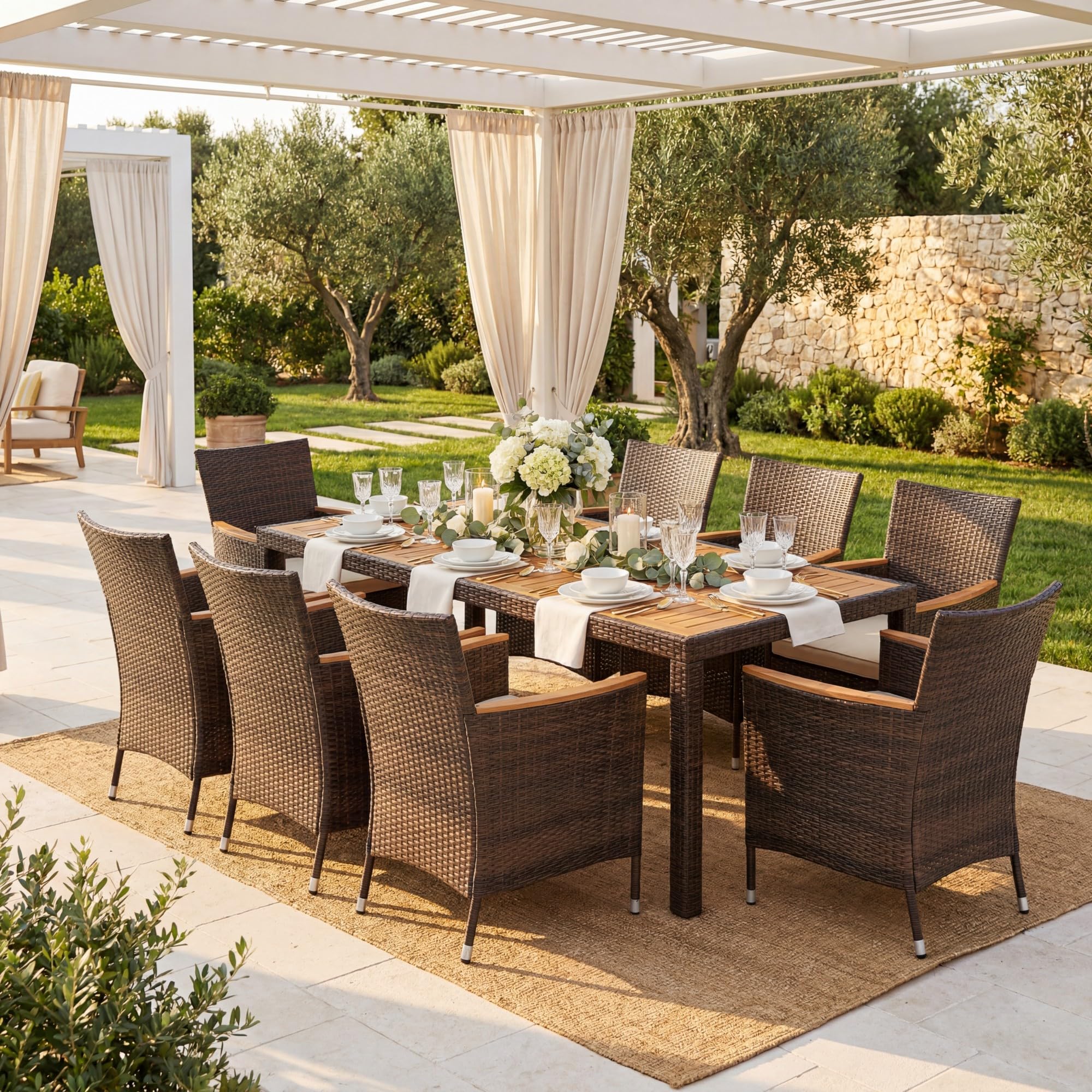 SOARS Set da Giardino Esterno 9 Pezzi, Tavolo e Sedie da Giardino in PE Rattan con Foro per Ombrellone 5 CM, Salotto da Esterno con Cuscini Morbidi per Terrazza e Patio, Portata 180 KG e 150 KG