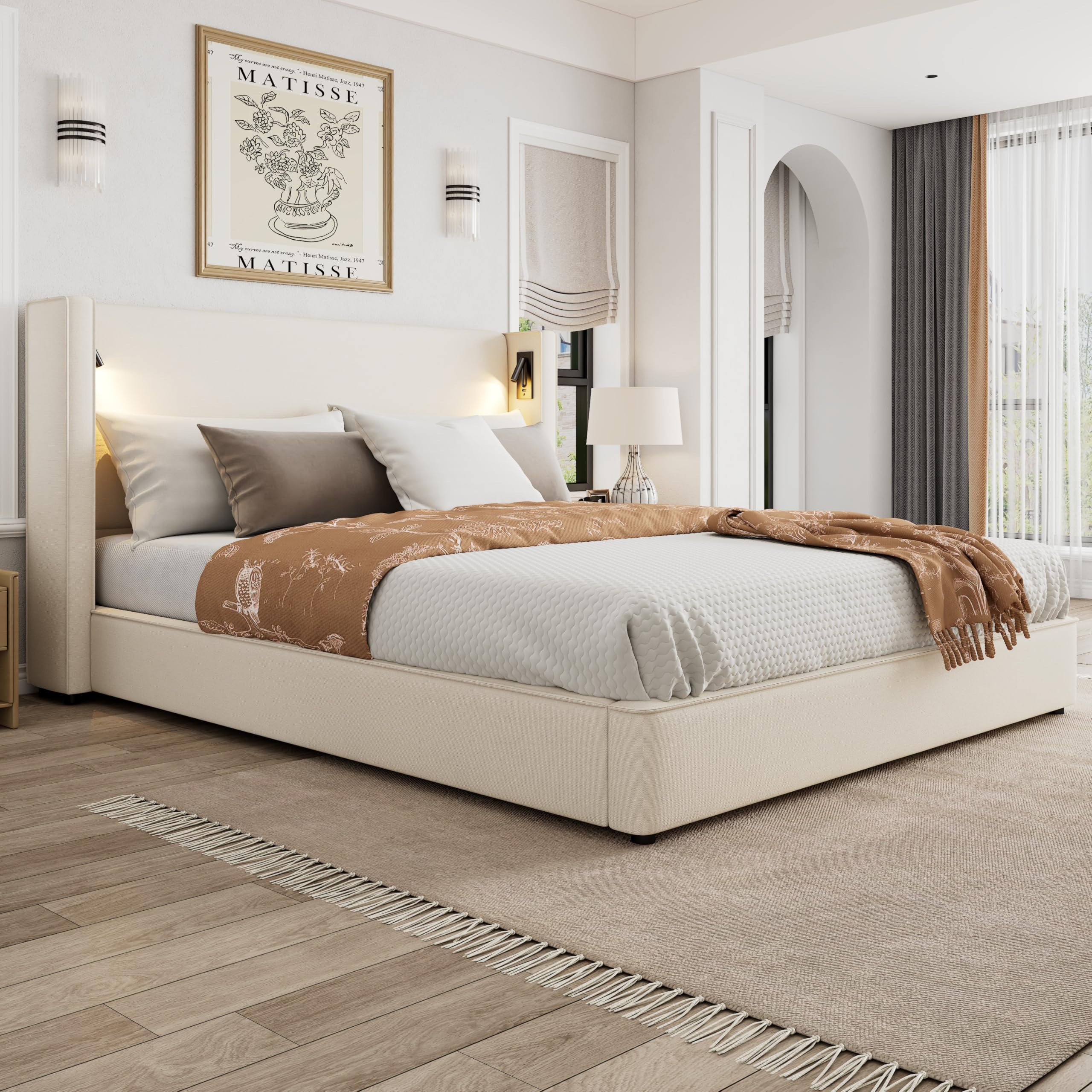 Merax California King Size Natural Polyester Linen Fabric Upholstered Bed Frame with High Wingback Headboard, Reading Lamp and USB Port, Beige