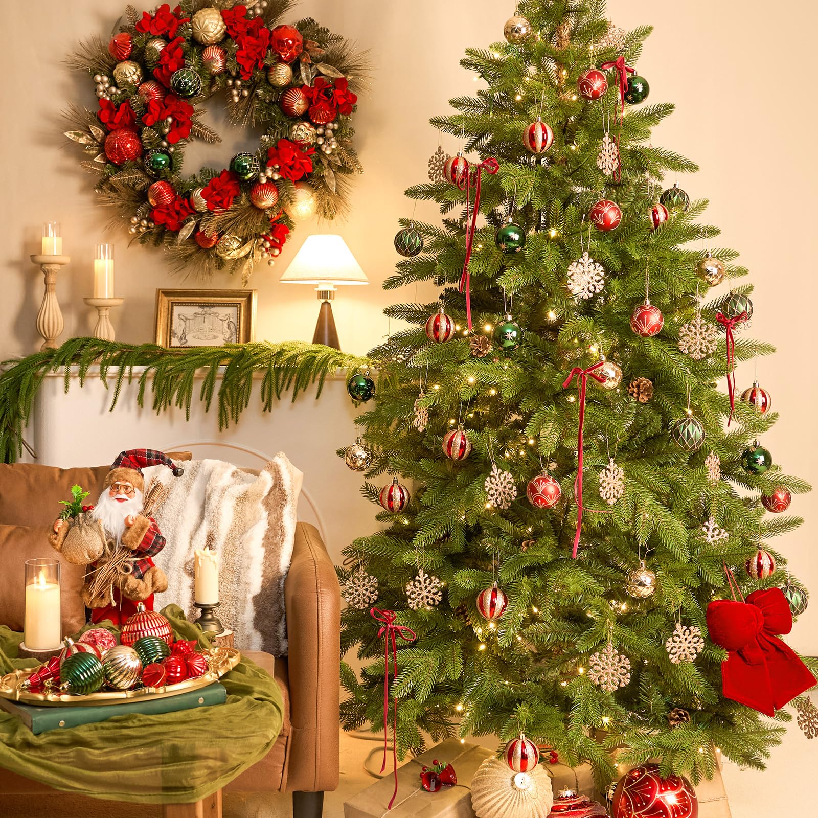 JORNOY Palline di Natale, decorazioni infrangibili per albero di Natale, 30 ct, set di lampadine da appendere con cordino, per decorazioni per feste in casa, 60 mm, rosso, verde e oro