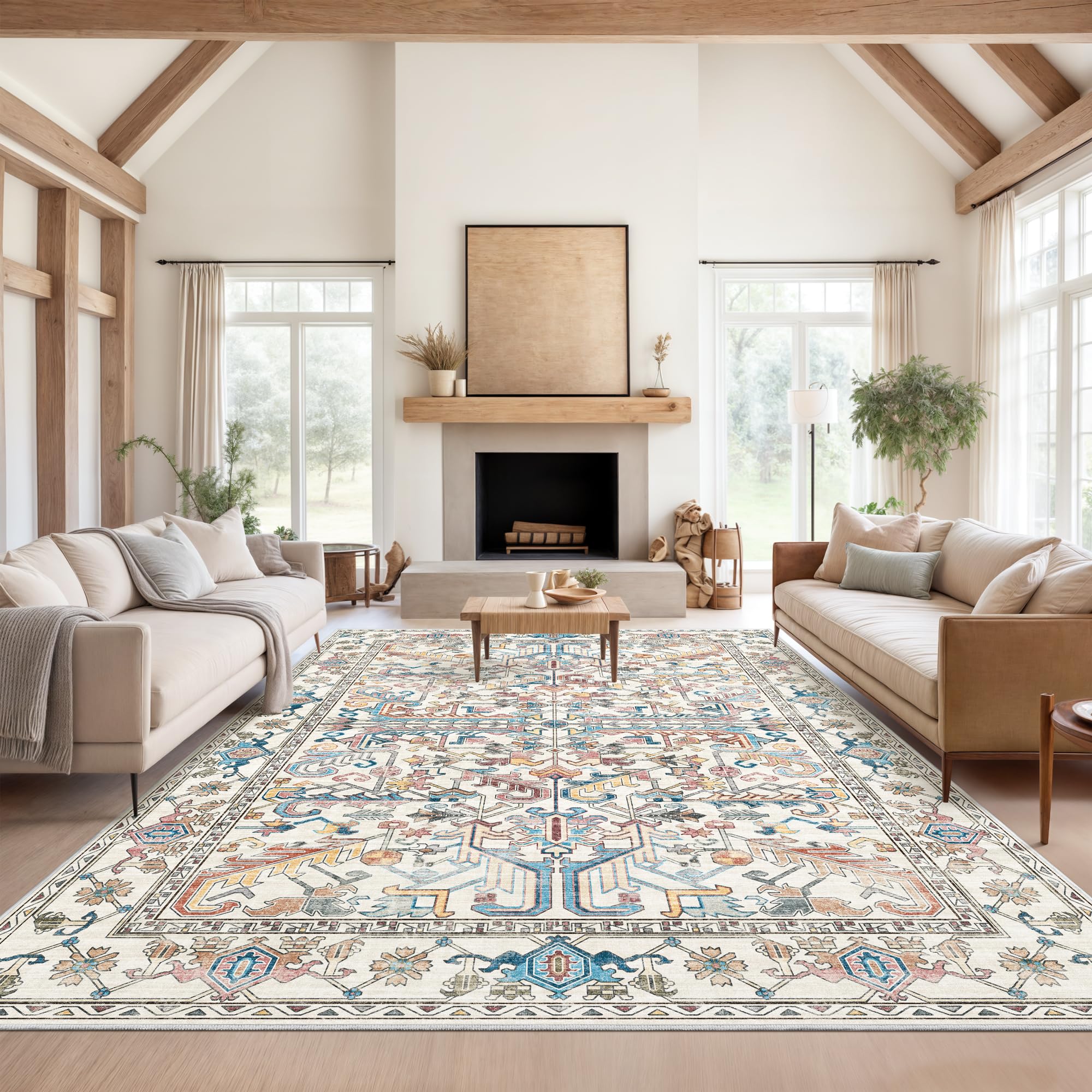 Valenrug Washable Rug 8x10 - Ultra-Thin Antique Collection Area Rug, Stain Resistant Rugs for Living Room Bedroom, Distressed Rug(TQ-Multi, 8'x10')