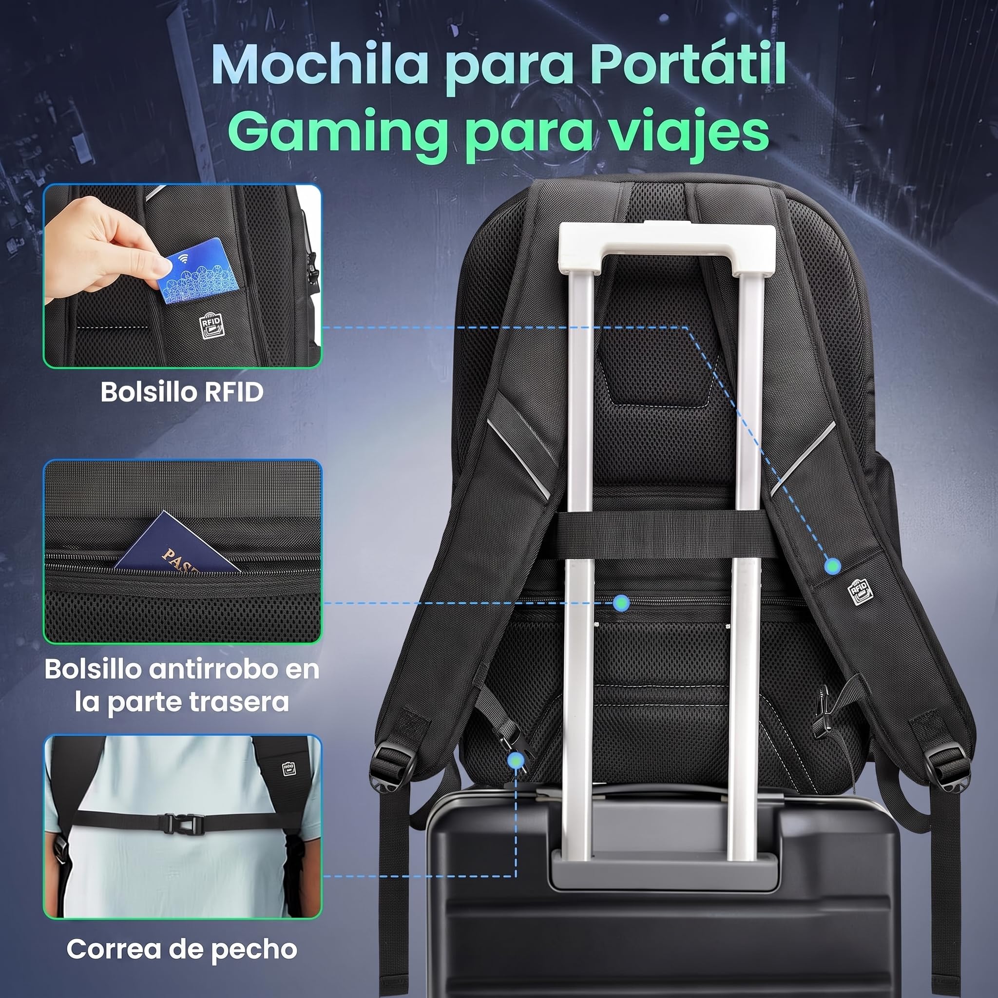 MATEIN Mochila Gaming Antirrobo Hombre, Mochila Portátil 18 Pulgadas | Cerradura con Código Mochila Hombre Trabajo, Bolsillo Oculto, Funda Impermeable Desmontable para Trabajo, Gaming, Negro