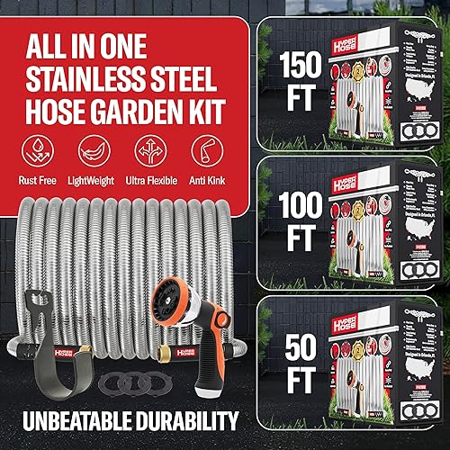 Miniatura 2 de Mejor juego de manguera de jardín de metal de 100 pies, acero inoxidable 316 duradero sin torceduras, boquilla de pulverización y gancho de 10 vías,