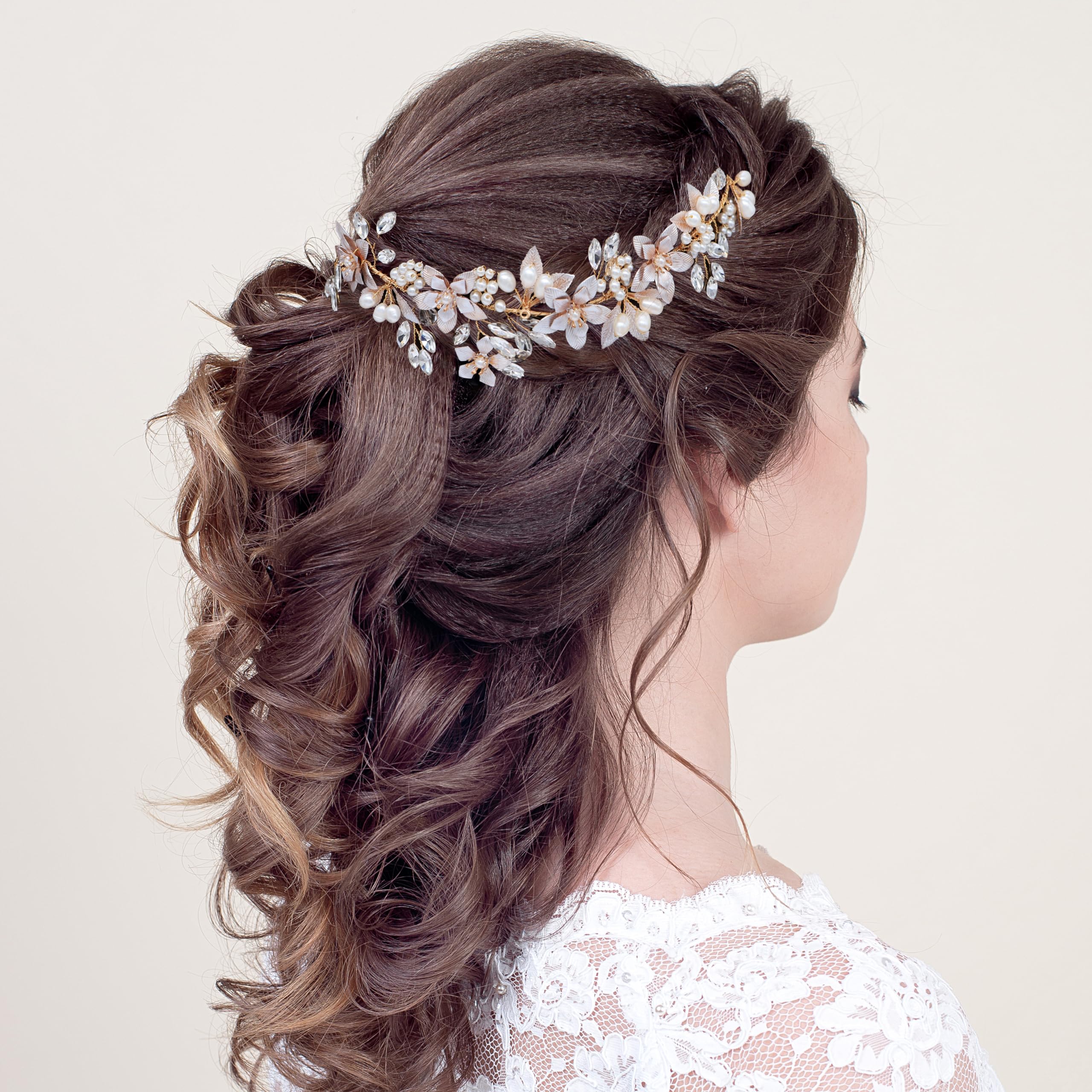 Oriamour Hochzeit Stirnband Brautschmuck Kopfschmuck Blume mit echten Süßwasserperlen und Schleifen Haarschmuck für Braut
