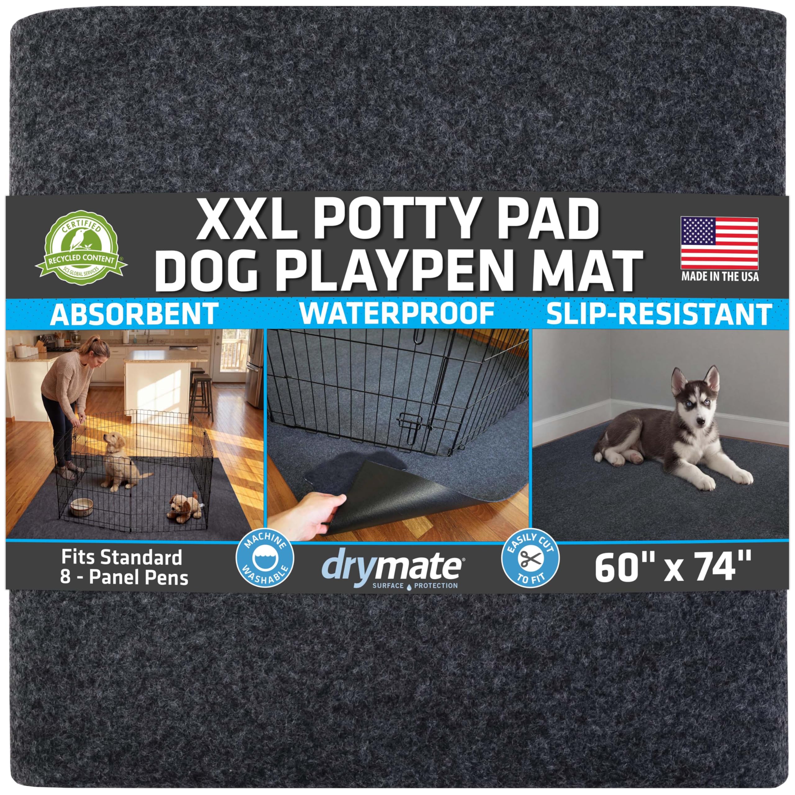Drymate Jumbo XXL Potty Pad, Dog Playpen Mat Whelping (60x74), Super Absorbent, Waterproof, Slip-Resistant, Machine Washable, Reusable Puppy Pad for Training, Incontinence, Crate, Kennel (USA Made)