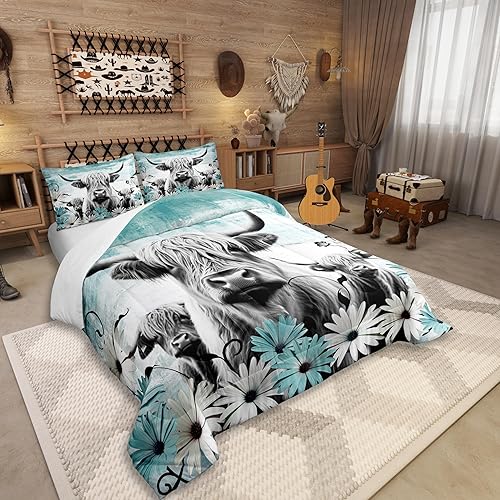 Miniatura 2 de Erosebridal Juego de edredón con estampado de vaca de las Highland, juego de ropa de cama de granja occidental verde azulado, decoración rústica