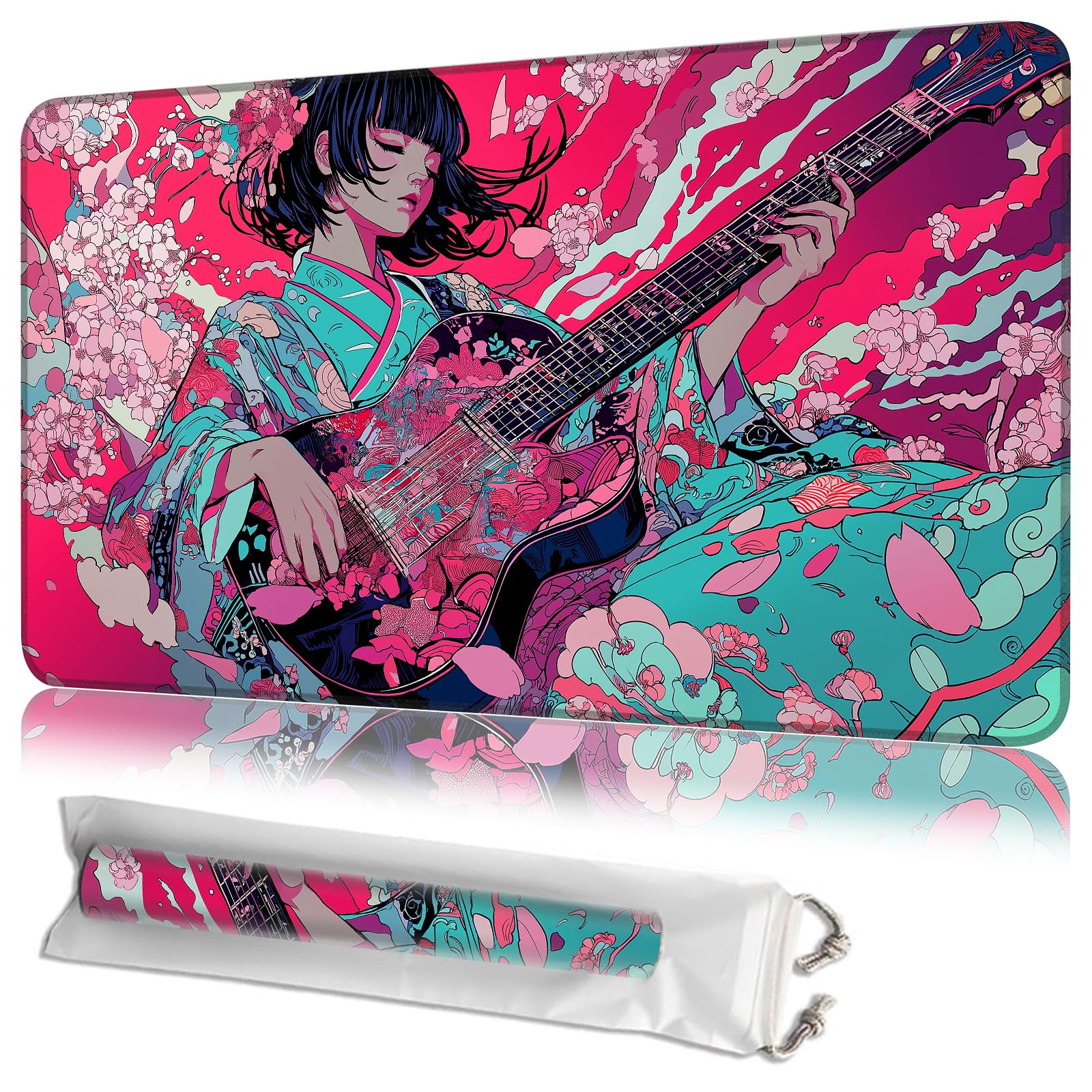 JANENFNA TCG Card Playmat 24" x 14" with Storage Bags for MTG Game Play Mats, Premium Stitched Non-Slip Rubber Tabletop Magic Play Mats Desk Duel Card Breaking Mats, Sakura Guitar Girl — image 1