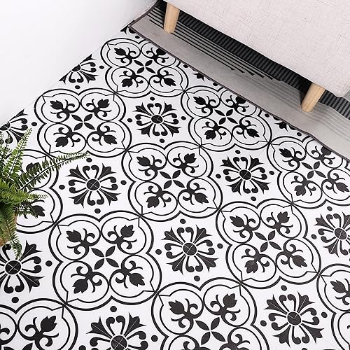 Alow Azulejo de piso para despegar y pegar: 10 piezas de pisos de despegar y pegar en blanco y negro, impermeable, autoadhesivo, suelo de vinilo