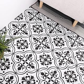 Vinyl Flooring Peel and Stick 11.8In by 11.8In Black and White Flower Floor Tiles Self-Adhesive Removable for Bathroom/Kit...