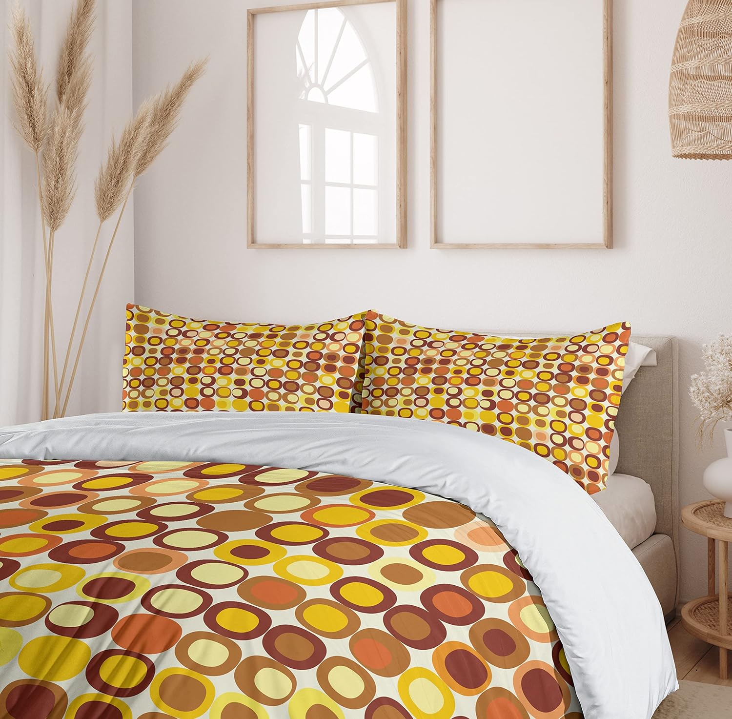 Ambesonne Mid Century Duvet Cover Set, Retro-Themed Styled Round Edged Square Pattern in Old Earth Tones, Decorative 2 Piece Bedding Set with 1 Pillow Sham, Twin Size, Brown Yellow Coral