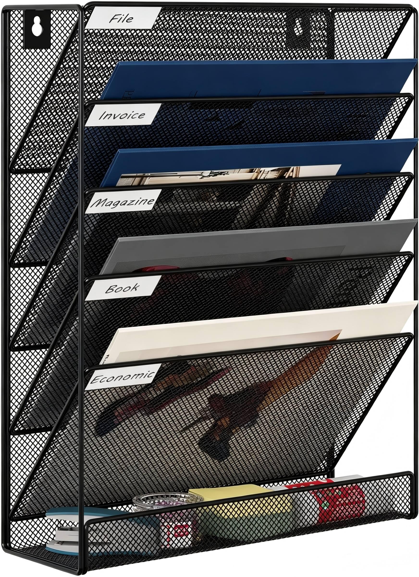 Harmon Wandyer Metal Mesh 6 Tier A4 Wall File Holder, Hanging Organiser, Magazine & Paper Storage Rack, Wall Pocket Stationery Organiser for Home Office, Black