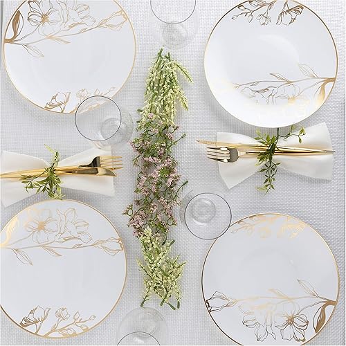 Miniatura 6 de Plasticpro - Platos de fiesta con diseño floral de plástico blanco con borde dorado, platos desechables pesados, elegantes y de alta calidad