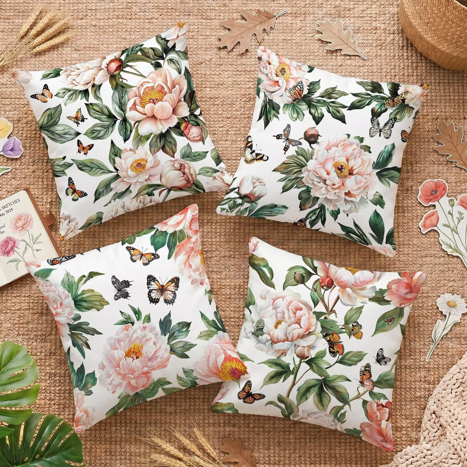 Housse de coussin 55x55cm double face en lin motif pivoine élégance maison