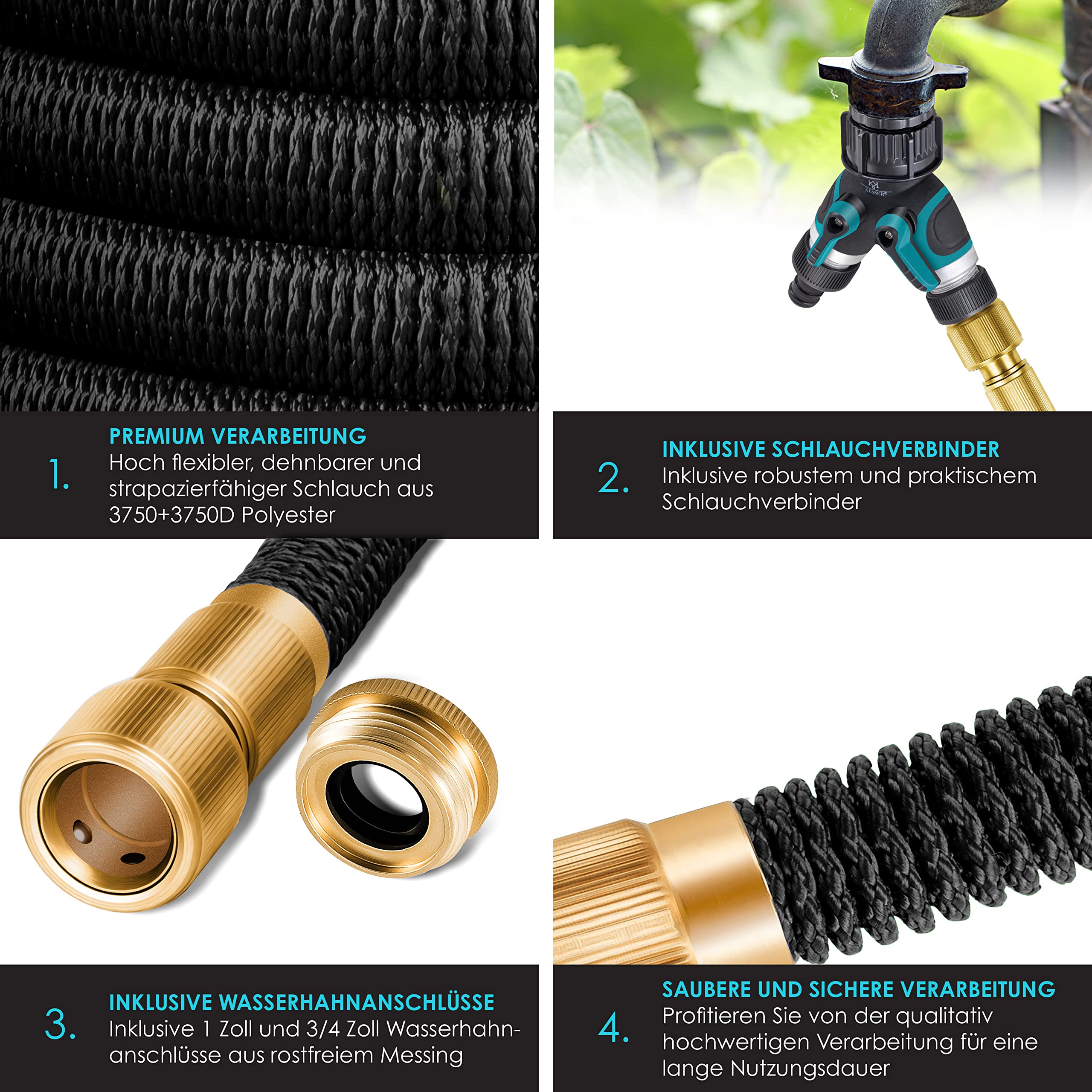 KESSER® flexibler Gartenschlauch 15 m, dehnbarer Flexischlauch, Wasserschlauch mit 3-fach Latexkern, 8 Modi Sprühpistole, Messing Anschlüsse + Wandhalterung, 1/2" & 3/4" Adapter & Tasche, Schwarz