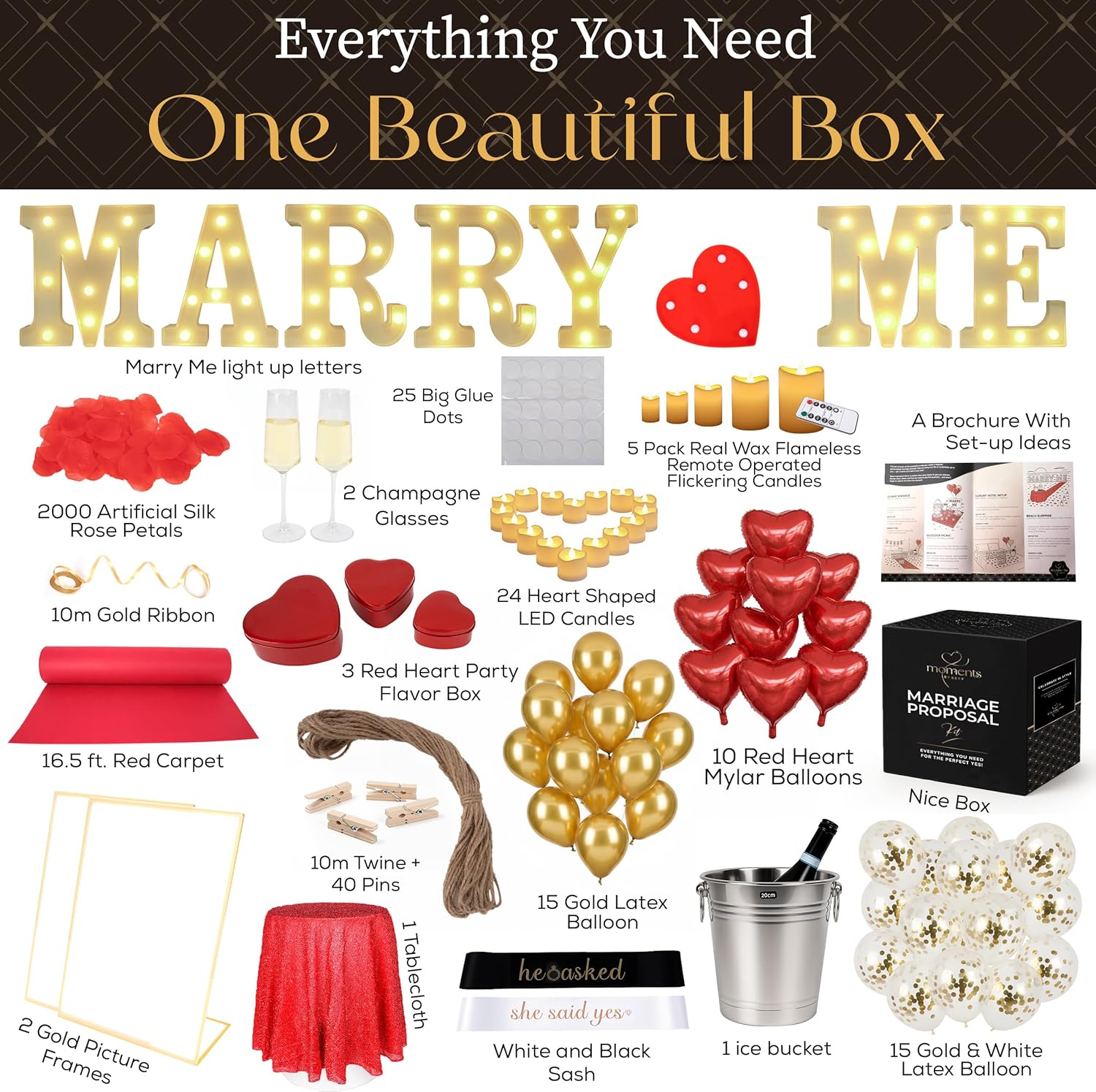 Super Complete 𝗔𝗟𝗟-𝗜𝗡𝗖𝗟𝗨𝗦𝗜𝗩𝗘 Marriage Proposal Kit – All-in-One Engagement Decorations Set with LED Marquee MARRY ME Letters, Petals, Flameless Candles, Carpet, Champagne Glasses, Setup Brochure & More