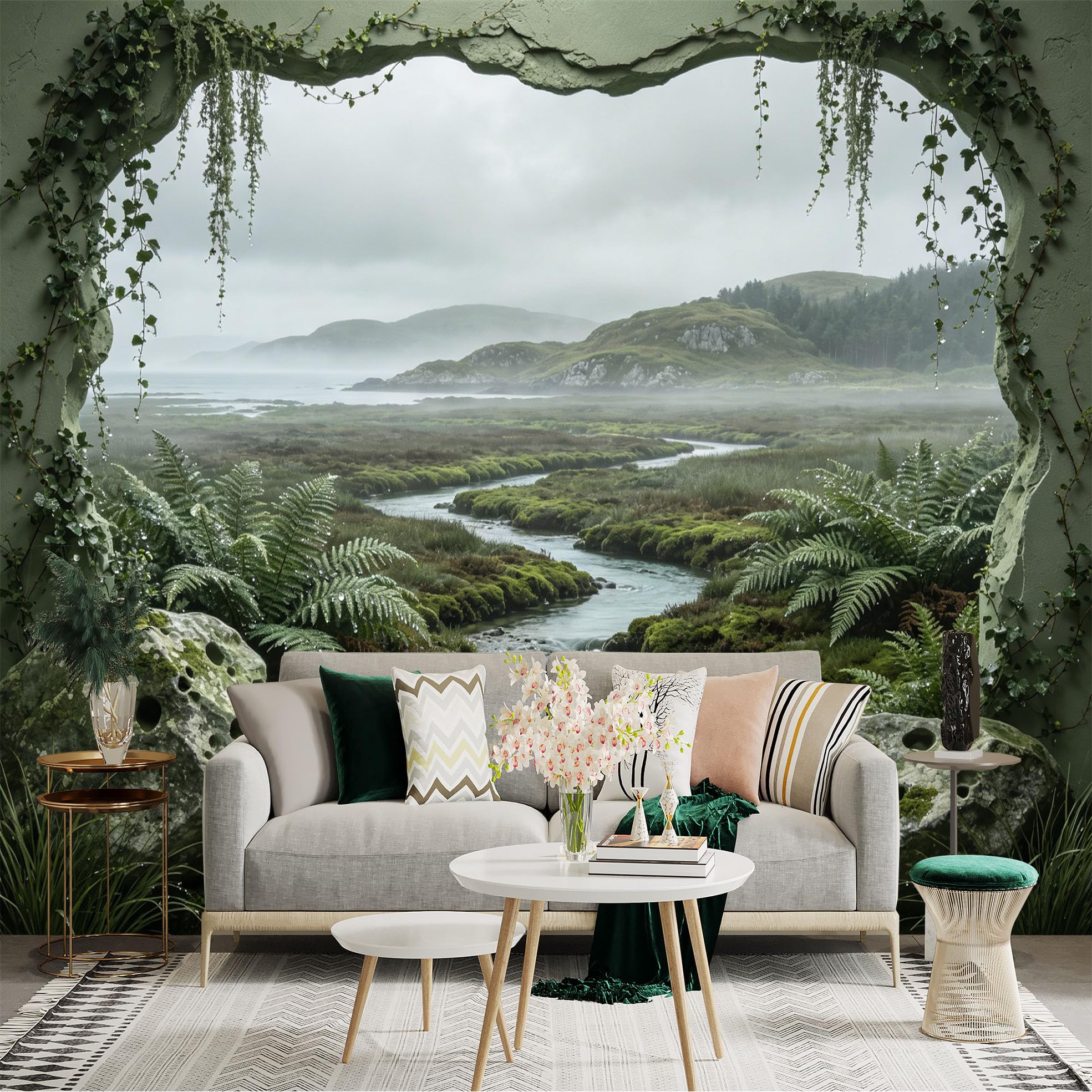 Custom Size Wall Sticker Mural， Misty Forest Valley with River， Ferns and Mossy Rocks， for wall Decoration， peelandstick wall Decals.