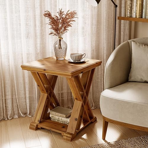 Miniatura 1 de LITTLE TREE Mesa auxiliar de madera maciza, mesa auxiliar cuadrada pequeña, mesita de noche estrecha de 2 niveles para sala de estar, mesita de