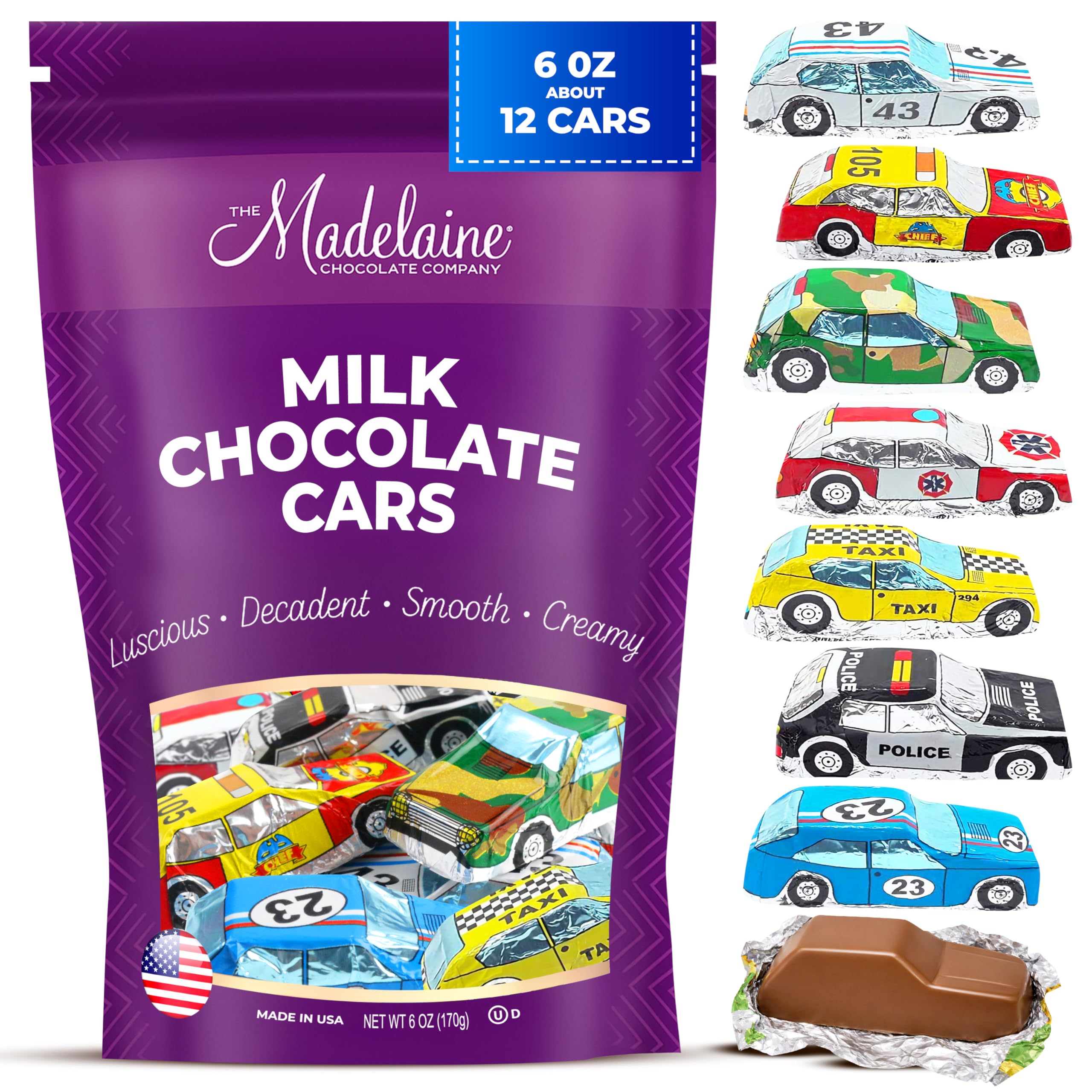 Madelaine Premium Milk Chocolate Mini Cars Candy – Solid Chocolate Cars Wrapped in Italian Foil, Individually Wrapped Party Favors for Kids, Birthdays & Events – 6 oz Assortment