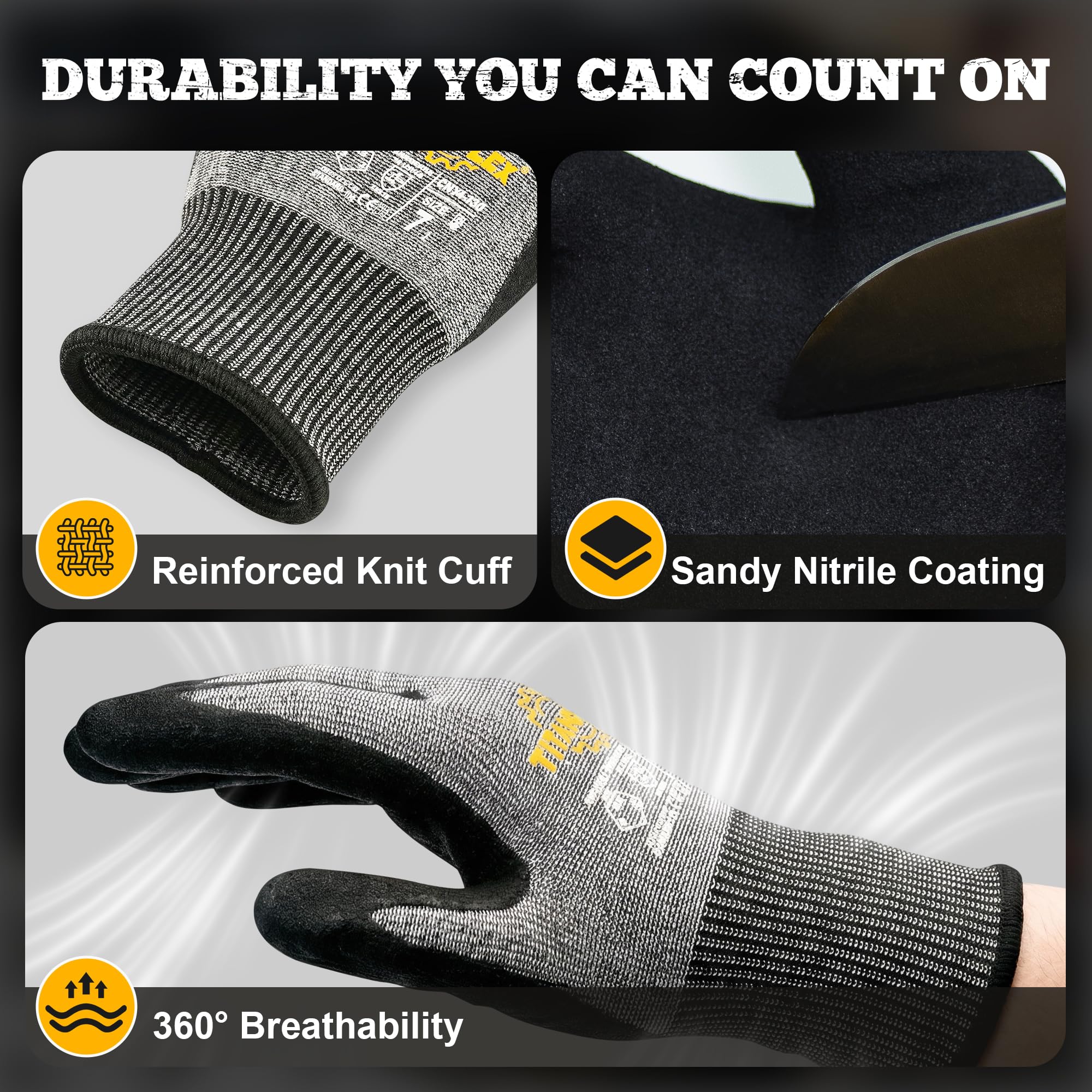 TitanFlex Guantes de trabajo ANSI A5 resistentes a los cortes, agarre antideslizante de nitrilo arenoso, ajuste cómodo 3D, transpirables y duraderos, compatibles con pantalla táctil, lavables a