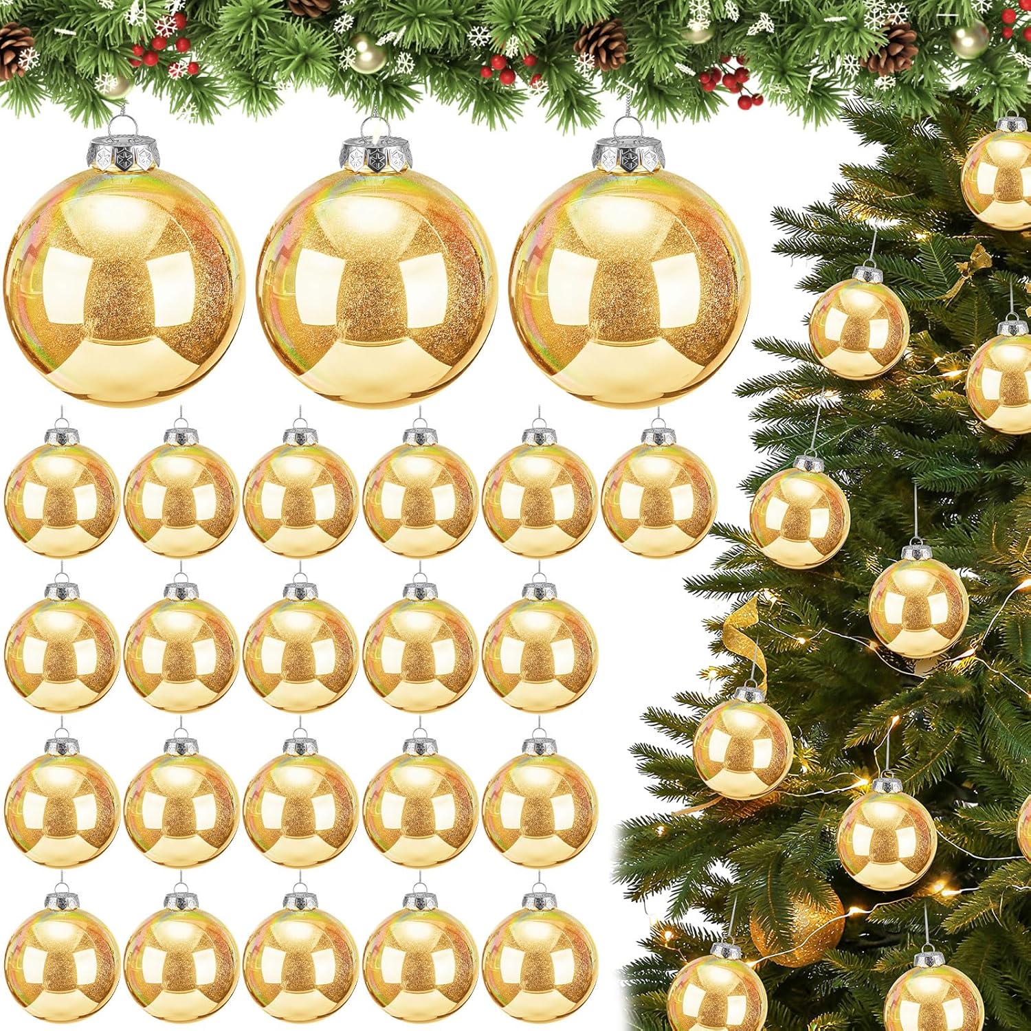 Wettarn 24 Pcs 4 Inch Glittering Christmas Balls Fantasy Plastic Shiny Christmas Iridescent Ornaments Balls for DIY Crafts Hanging with Lid and Rope for Xmas Tree Party Decor(Gold)