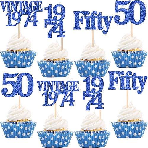 24 piezas de decoración para cupcakes con purpurina vintage de 1974 para cupcakes de 50 años de 50 años, decoraciones para tartas de cumpleaños de