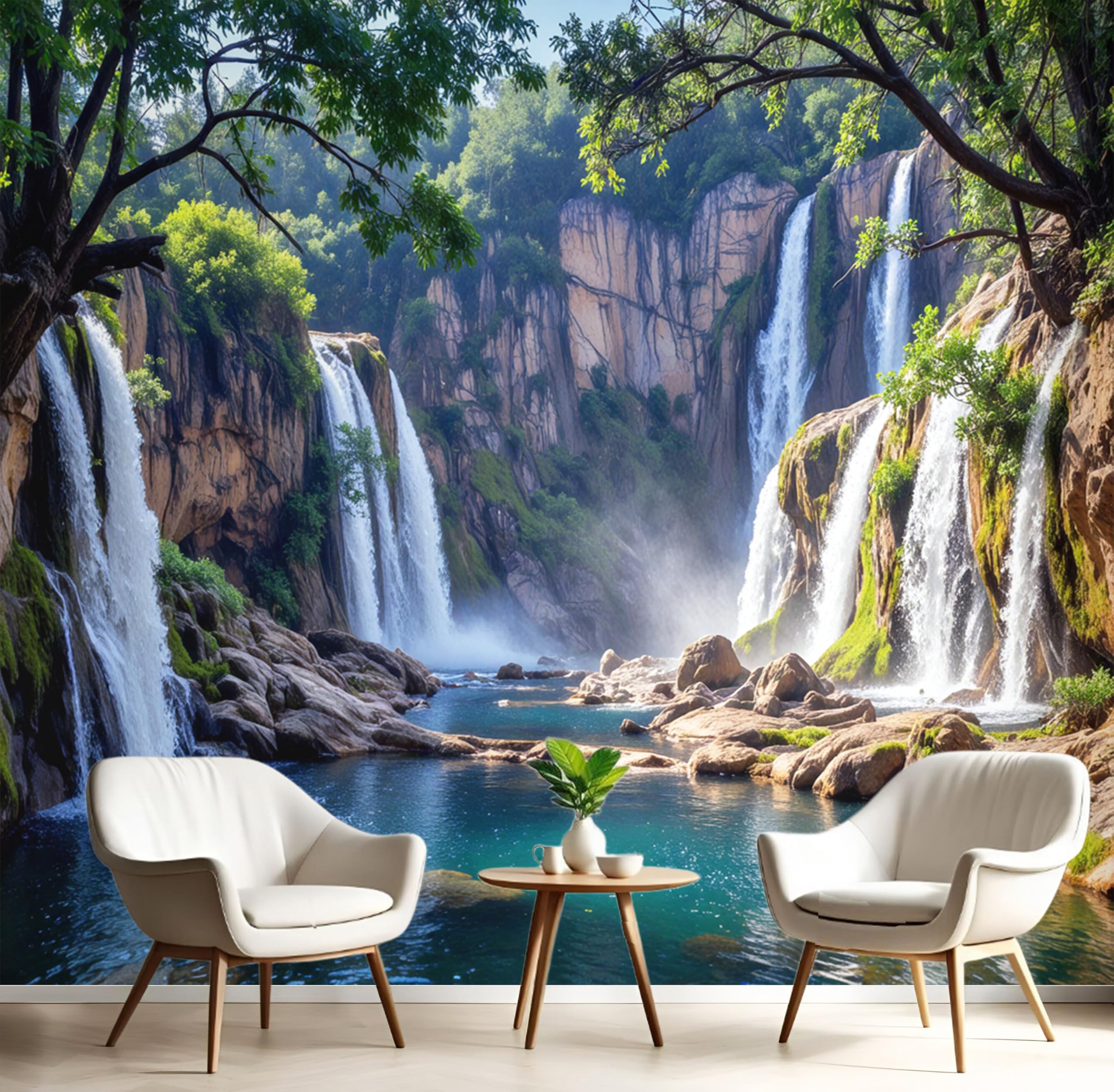 Papier peint panoramique 3D forêt cascade bleu-vert 400x280 cm pour grand salon