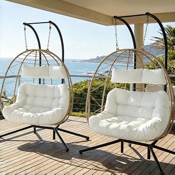 Easyego Set of 2 Wicker Hanging Egg Chairs with Stand, 700 lb Capacity, Indoor/Outdoor Double Egg Swing Hammock Chairs for Patio, Garden, Porch, Living Room, Bedroom, Beige