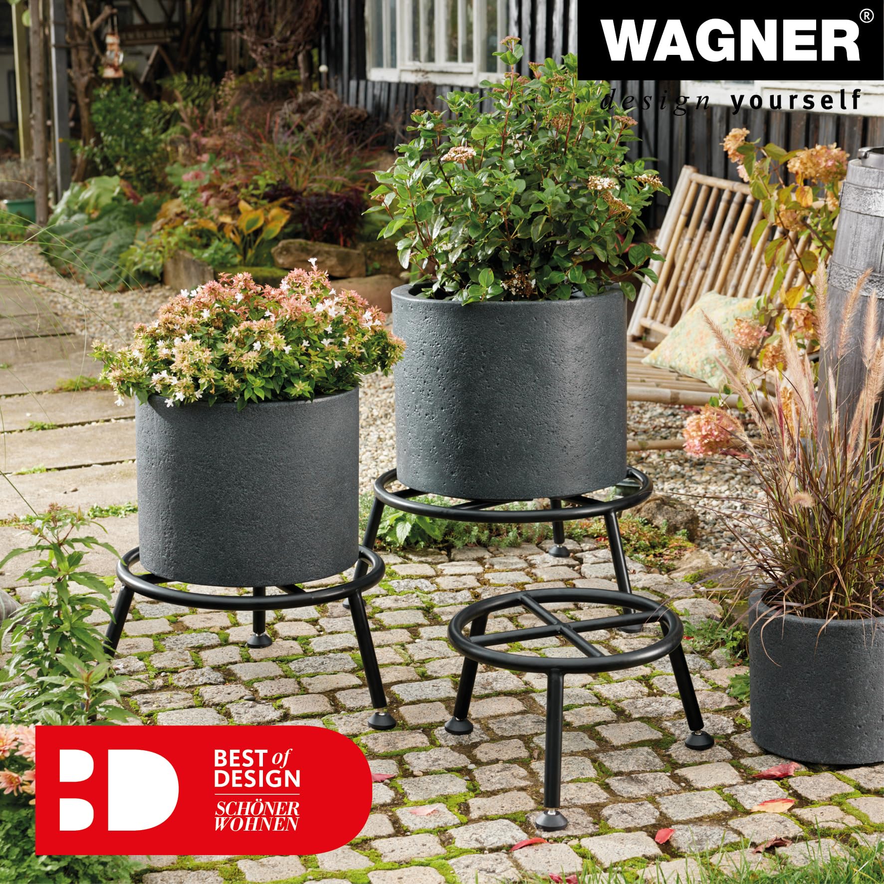 WAGNER Pflanzenständer - RETRO - Ø 38 x 25 cm , für Außenbereich + Innenbereich, Blumenständer aus pulverbeschichtetem Stahlrohr, Tragkraft 200 kg - 25068001