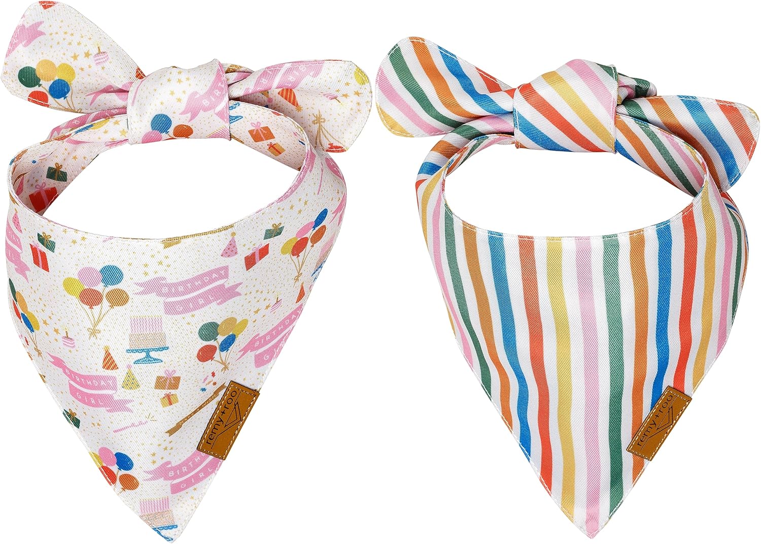 Remy+Roo Polyester Dog Bandanas, X-Large, Pink Rainbow Stripe, 2 Pack, Birthday Theme, Adjustable, for Female Dogs