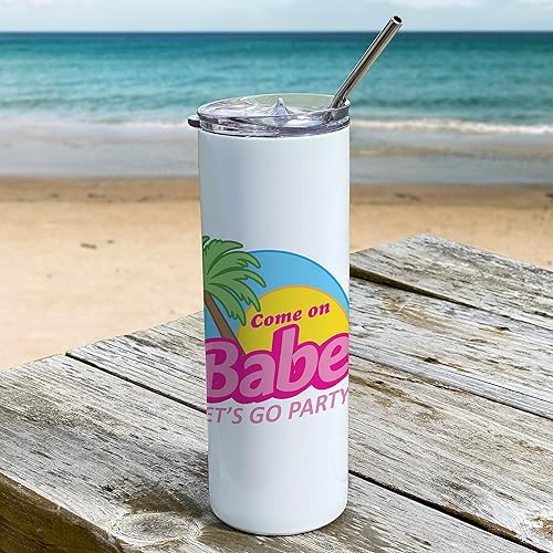 Miniatura 9 de Come On Babe Let's Go Party  Personalizar con nombre  Vaso de viaje de acero inoxidable blanco de 20 onzas con popote  Aislamiento al vacío de doble