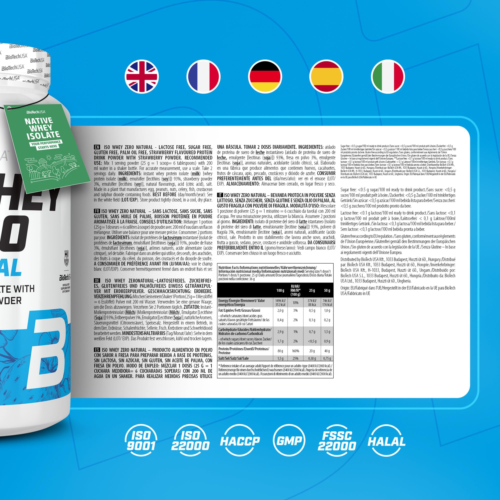 BioTechUSA Iso Whey Zero Natural | Isolat de lactosérum | Arômes naturels | Sans édulcorants ni colorants | Aucun conservateur | Sans lactose, sucres & gluten | 908 g | Fraise
