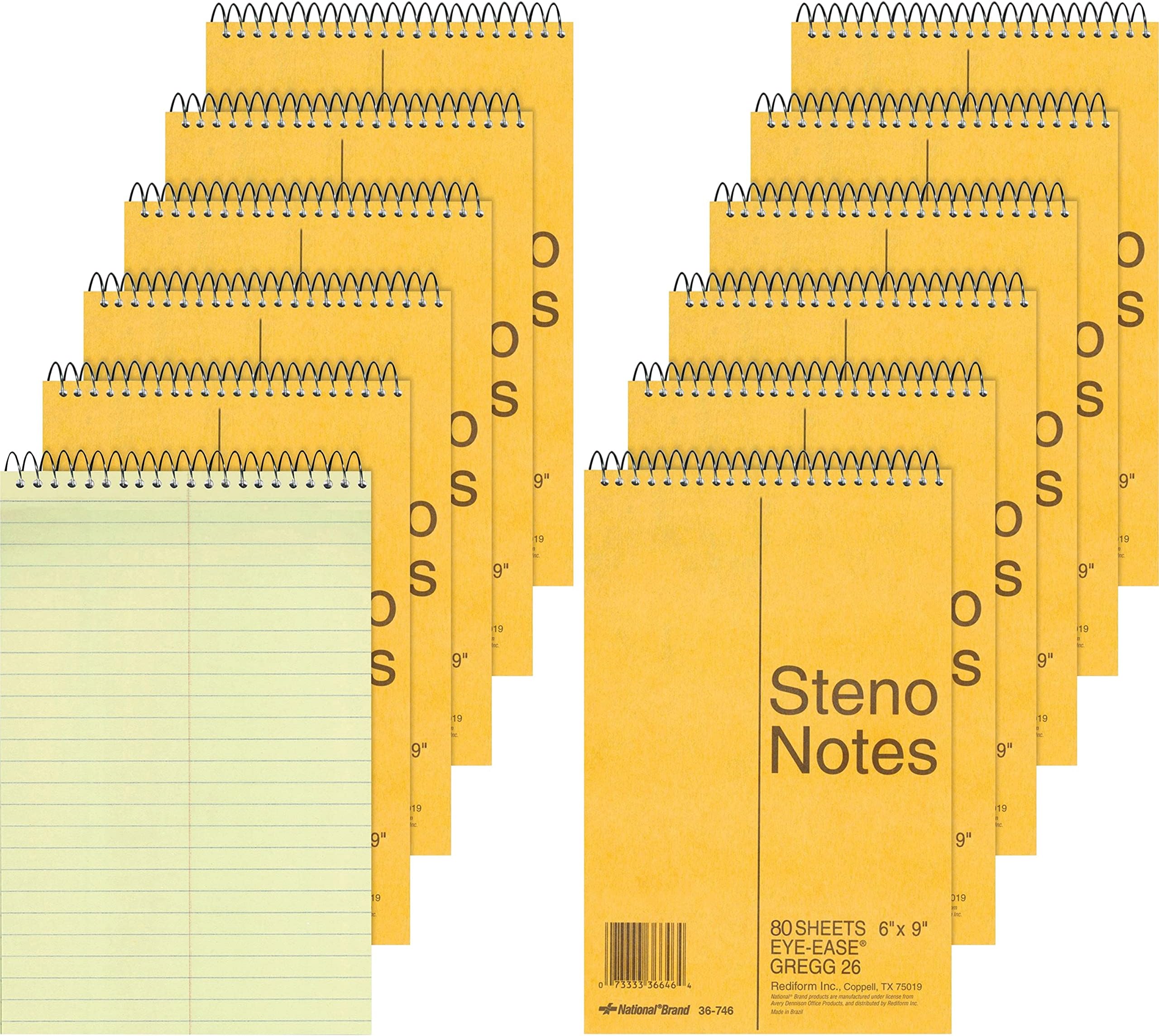 National Brown Board Cover Steno Notebook, Gregg Ruling, Green Eye-Ease Paper, 80 Sheets, 6 x 9.25 x 6 inches, Pack of 12 (36746-12)