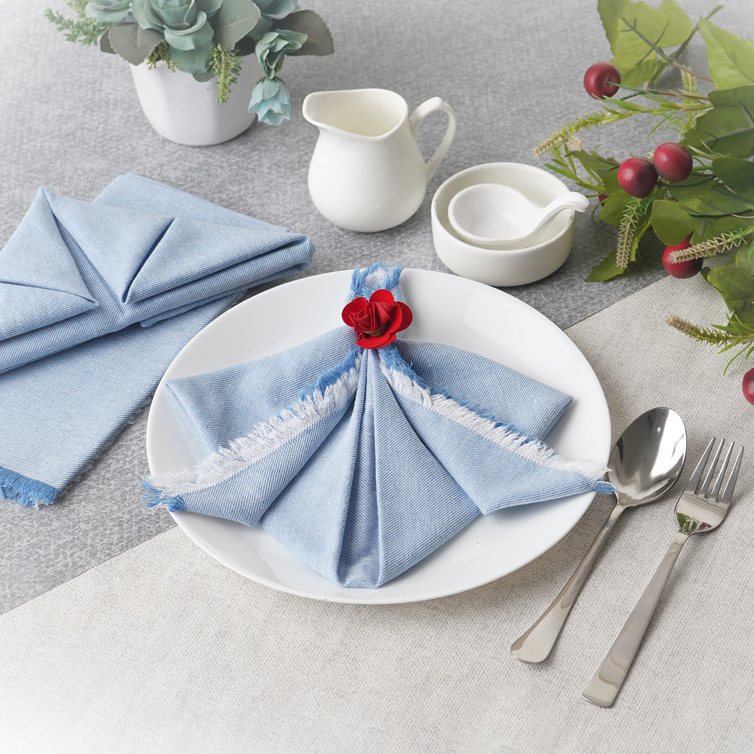 Fingercraft Dinner Cloth Table Napkins, Kitchen and Home Decor, Set of 12, Premium Cotton with Fringe Corner (Blue/White)