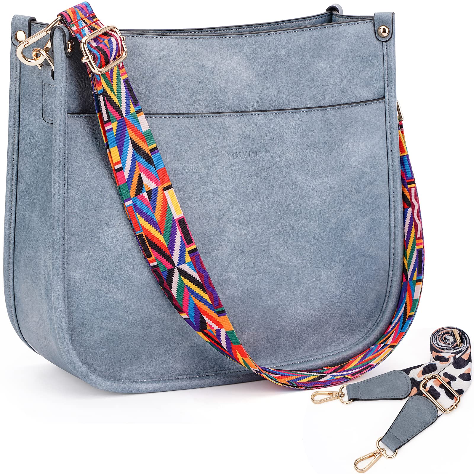 HKCLUF Crossbody Bags for Women Designer Leather Hobo Handbags With 2 Adjustable Leopard Guitar Strap Shoulder Bucket Bags, A4-blue, Durable,unique