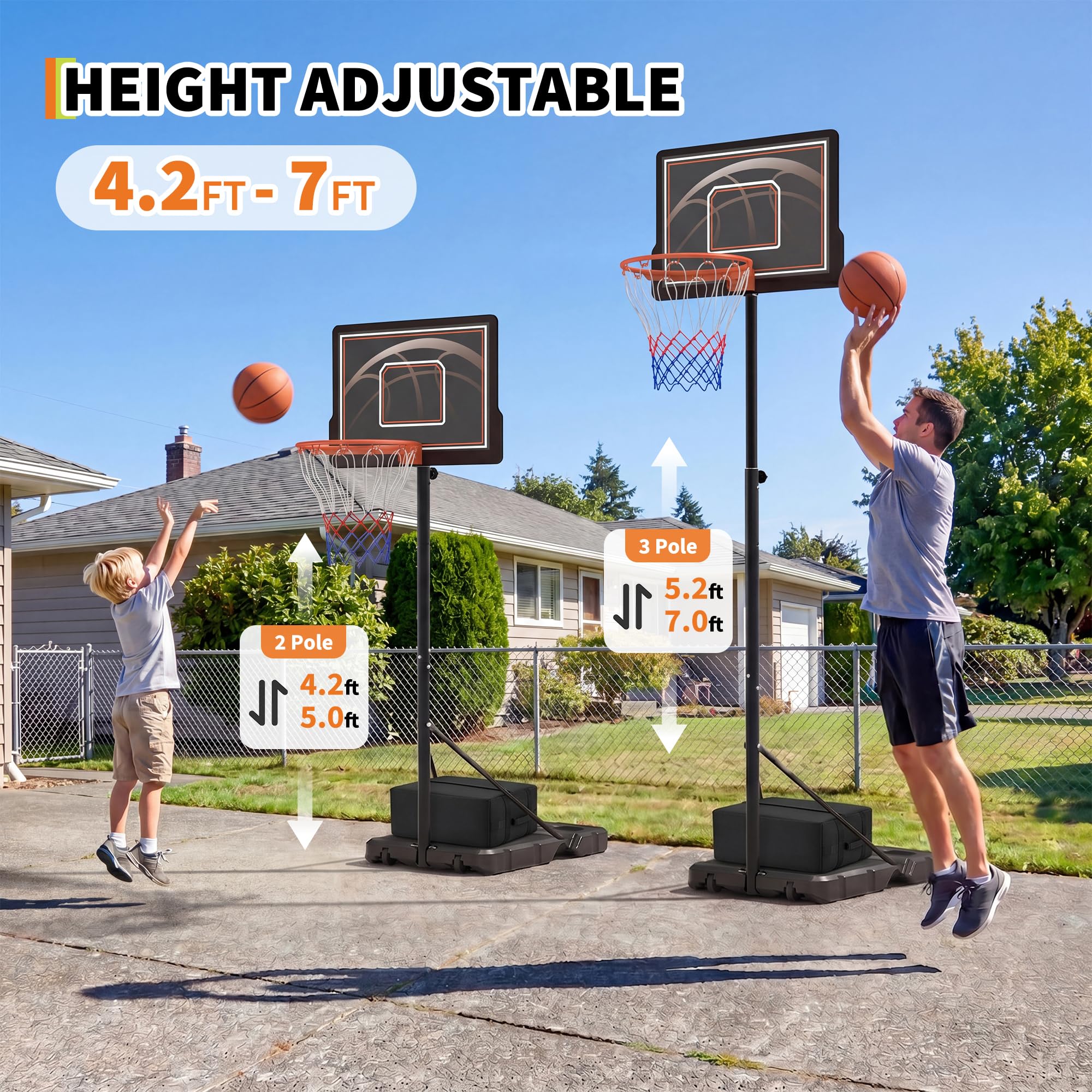 Basketballkorb Outdoor Höhenverstellbar Mit Ständer & Rollen, Höhe, Transparenter PC-Rückwand, Stabiler Basketballständer Mobil Für Jugendliche & Erwachsene