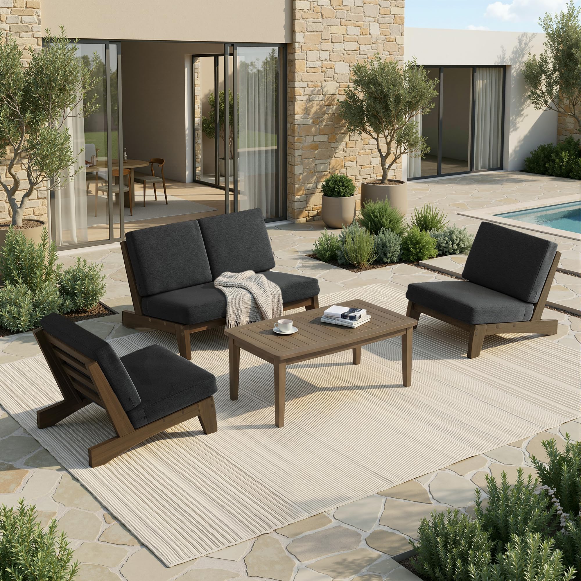 Pia Ricoo 4 Piece Patio Furniture Sets, Outdoor Loveseat Sofa Set with 2 Chairs &amp; Coffee Table, Patio Conversation Set for Backyard, Deck, Lawn, Drak