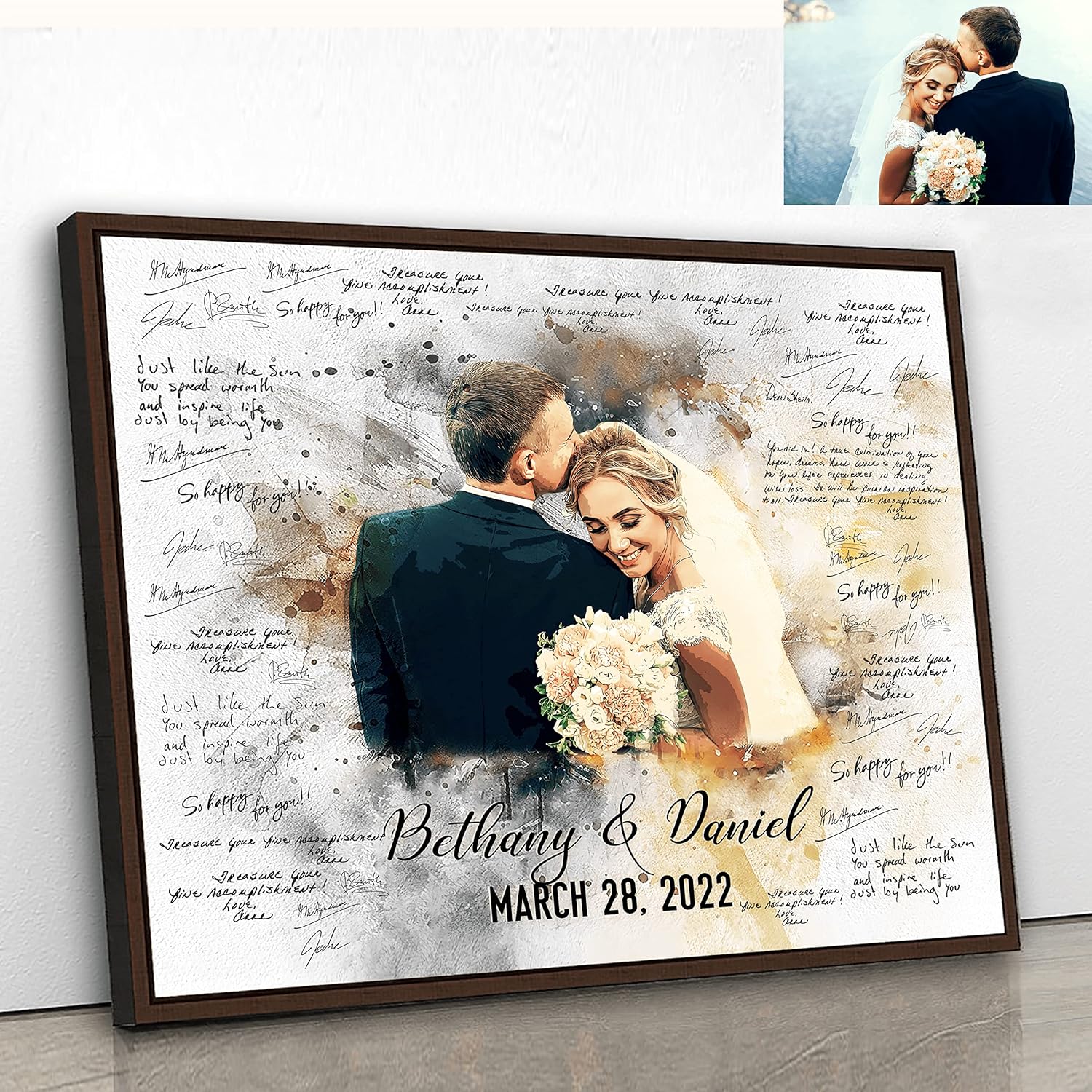 Custom Photo Wedding Guest Book Alternative, Personalized Decor Wedding Portrait Picture Signature Specific Date for 50 100 150 200 Guests, Wedding Photo on Framed Canvas Illustration Watercolor Print